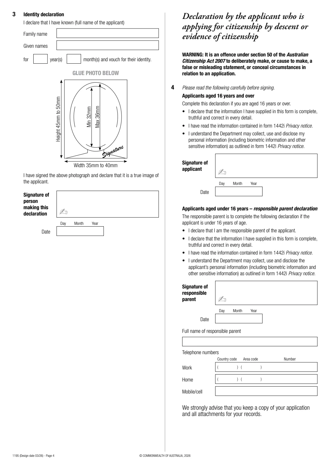 Form 1195 — Identity declaration (2026) Identity declaration — page 4 of 4