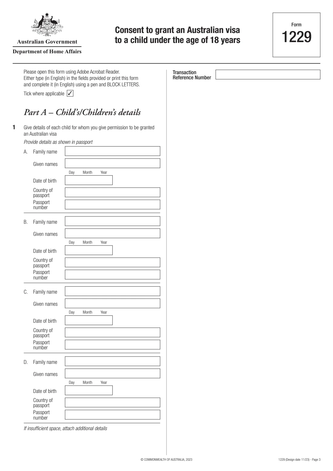 Form 1229 — consent to a child's visa (2023) Consent to grant an Australian visa to a child under the age of 18 years — page 3 of 4