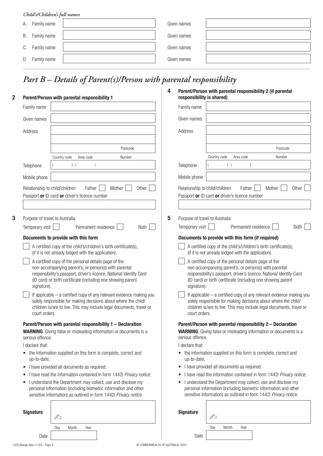 Form 1229 — consent to a child's visa (2023) Consent to grant an Australian visa to a child under the age of 18 years — page 4 of 4