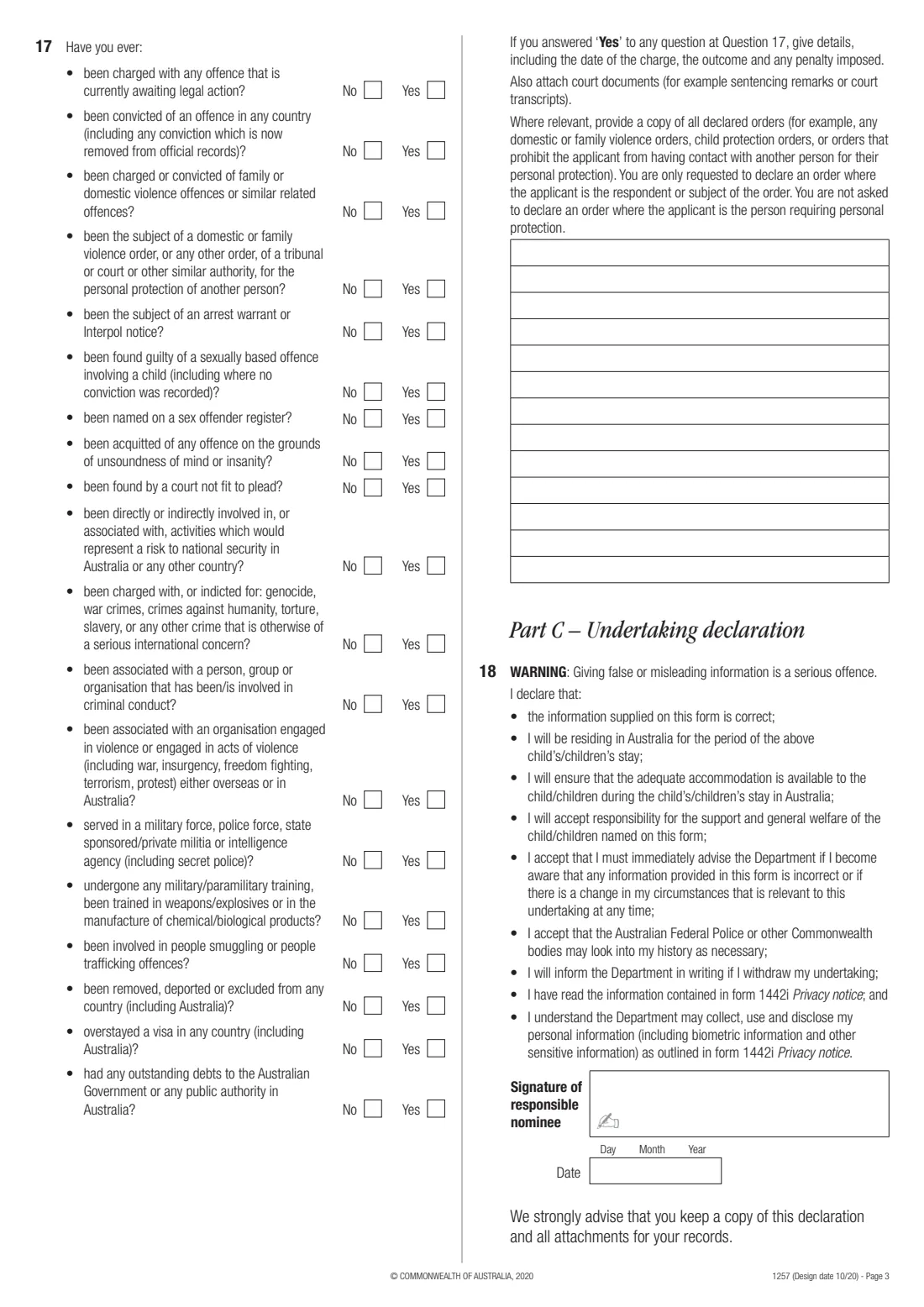 Form 1257 — undertaking declaration for a child visiting Australia (2020) Undertaking declaration — page 3 of 3