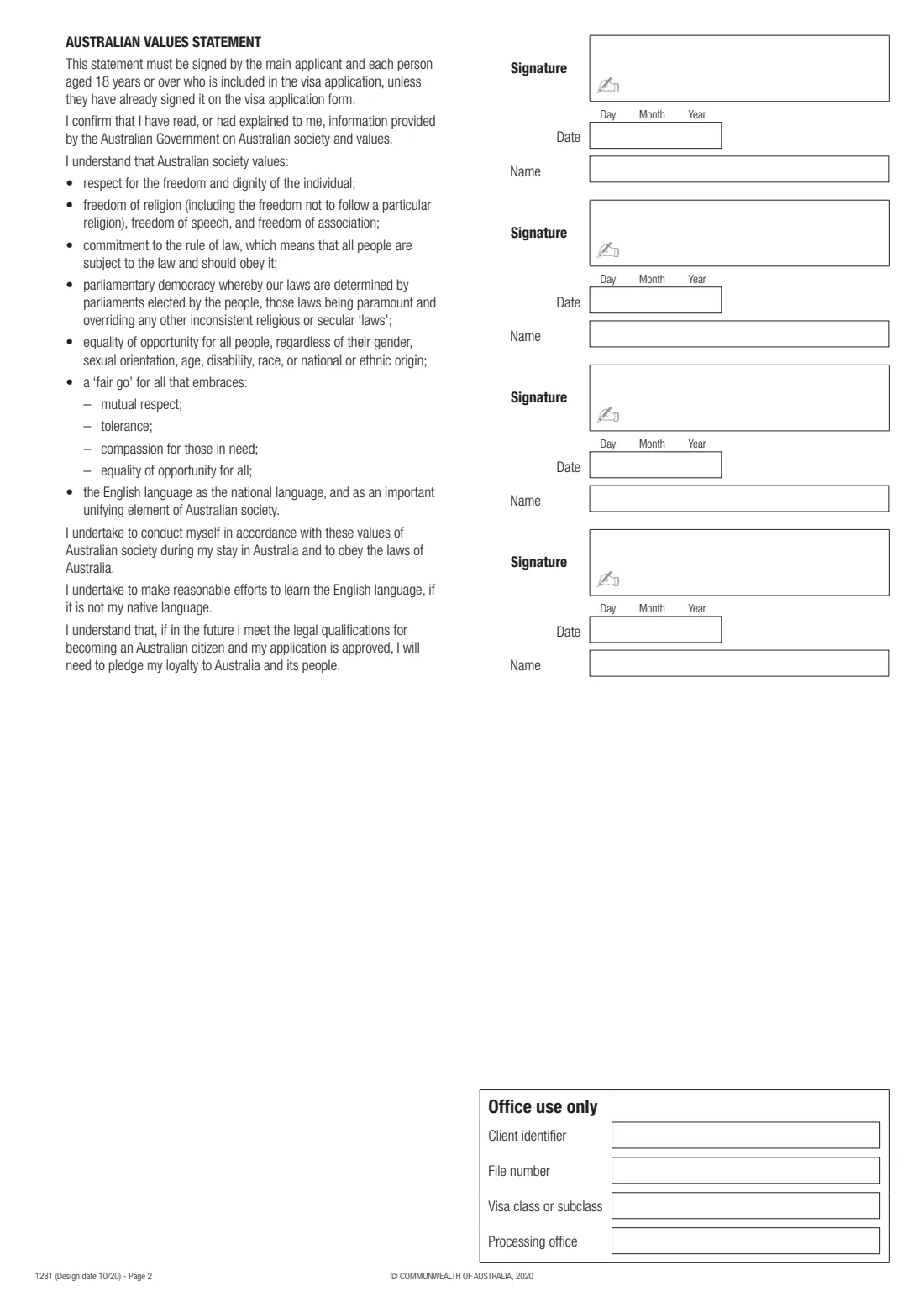 Form 1281 — Australian values statement (2020) Australian values statement — page 2 of 2
