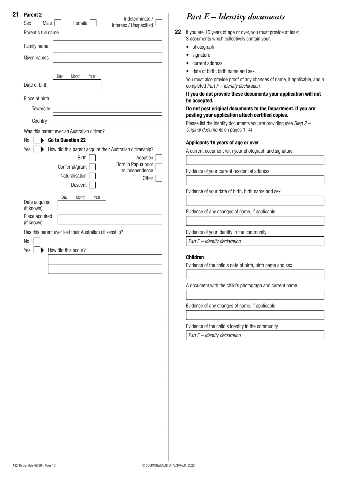 Form 132 — resume Australian citizenship (2026) Application to resume Australian citizenship — page 10 of 16