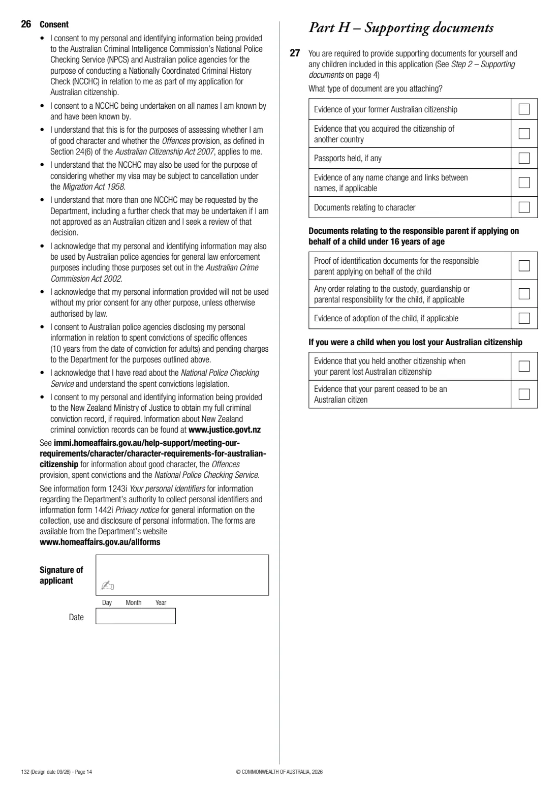Form 132 — resume Australian citizenship (2026) Application to resume Australian citizenship — page 14 of 16