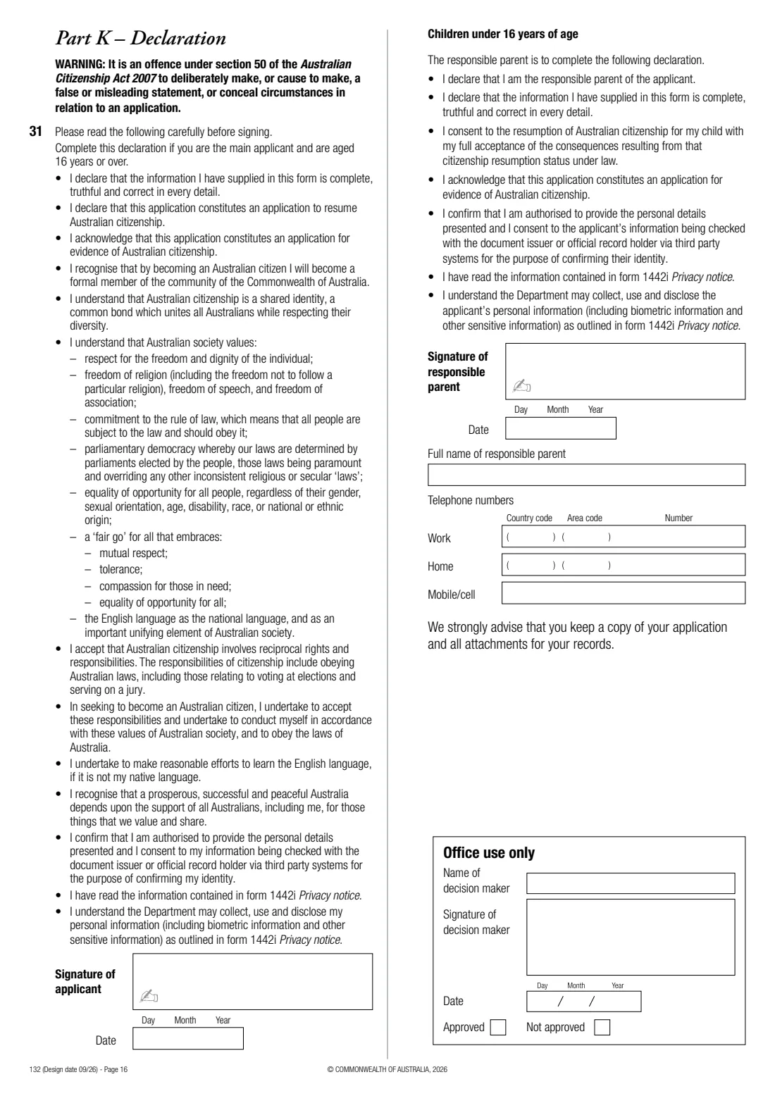Form 132 — resume Australian citizenship (2026) Application to resume Australian citizenship — page 16 of 16