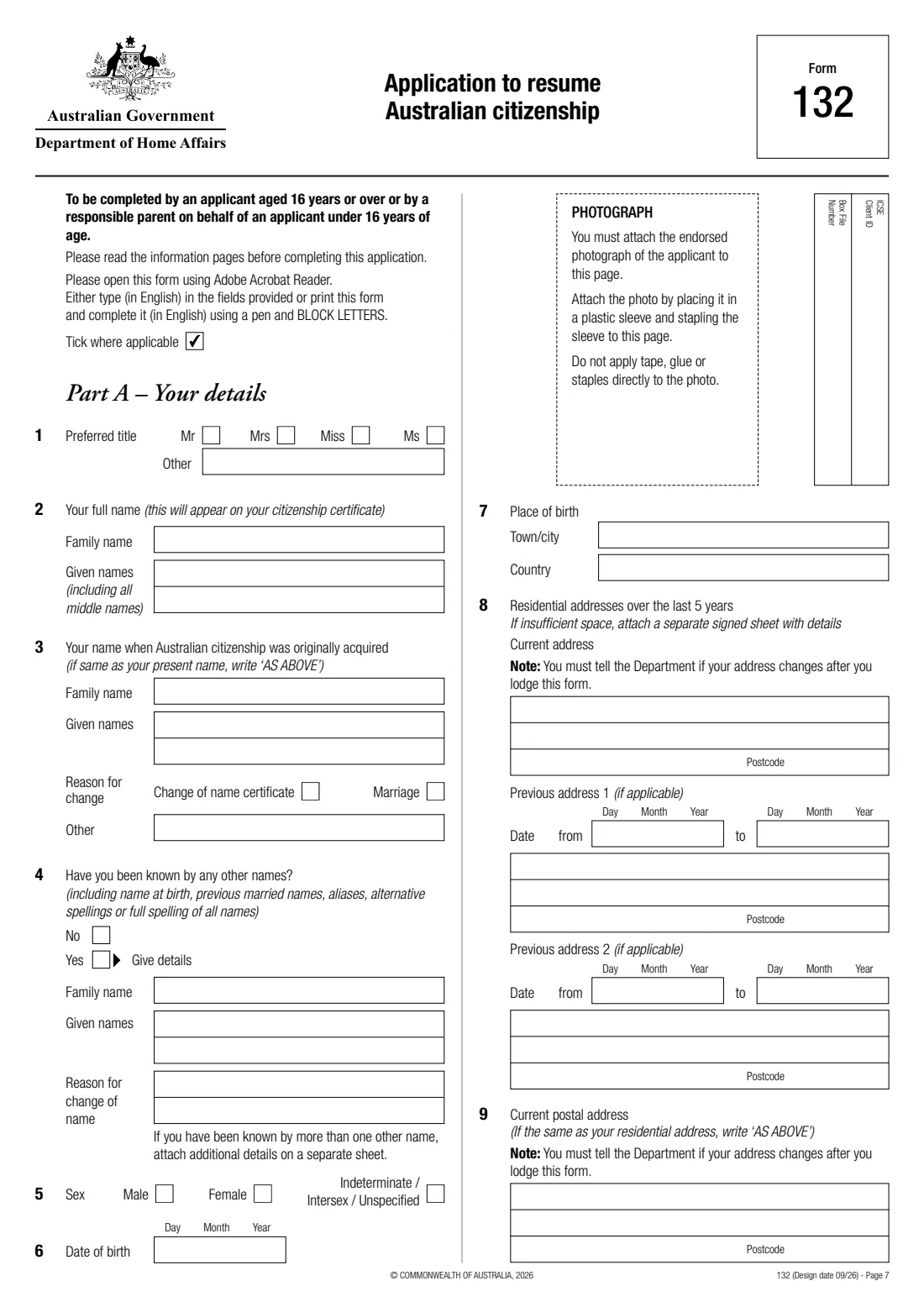 Form 132 — resume Australian citizenship (2026) Application to resume Australian citizenship — page 7 of 16