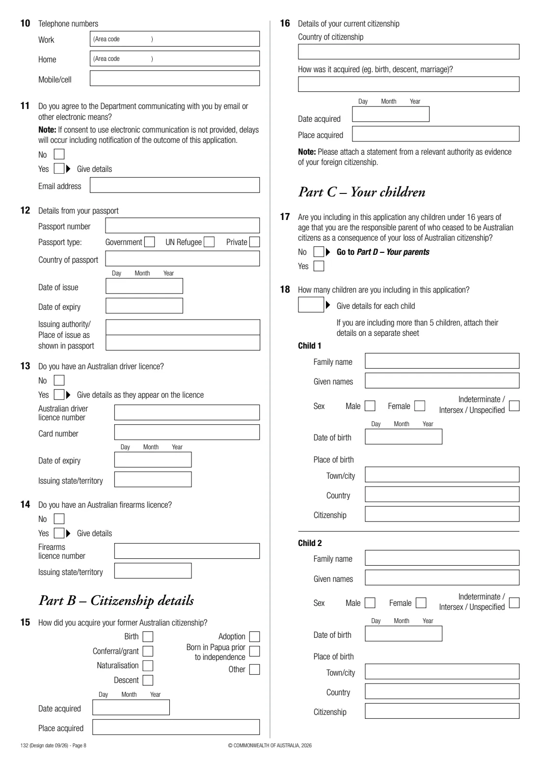 Form 132 — resume Australian citizenship (2026) Application to resume Australian citizenship — page 8 of 16