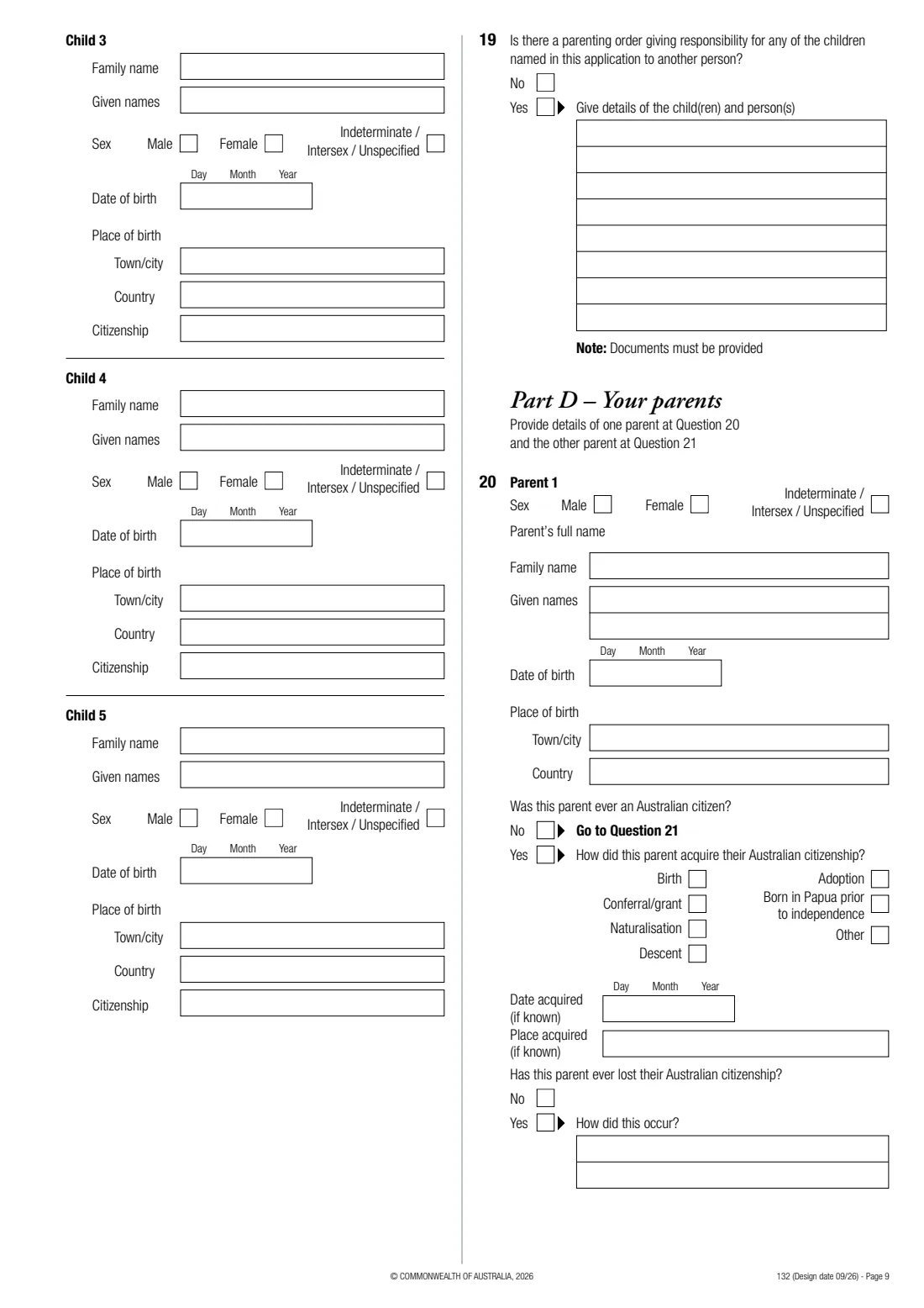 Form 132 — resume Australian citizenship (2026) Application to resume Australian citizenship — page 9 of 16