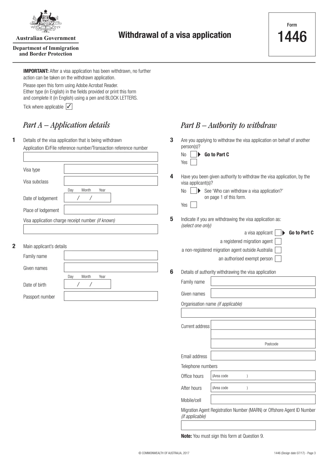 Form 1446 — withdrawal of a visa application (2017) Withdrawal of a visa application — page 3 of 6