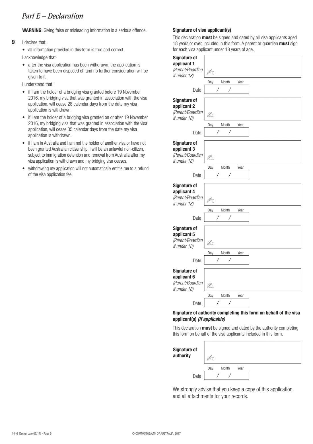 Form 1446 — withdrawal of a visa application (2017) Withdrawal of a visa application — page 6 of 6