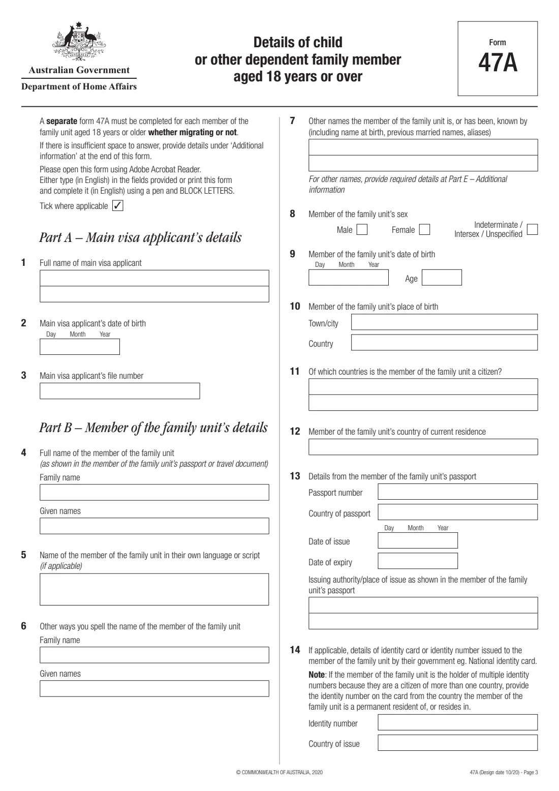 Form 47A — details of a family member aged 18 or over (2020) Details of child or other dependent family member aged 18 years or over — page 3 of 8