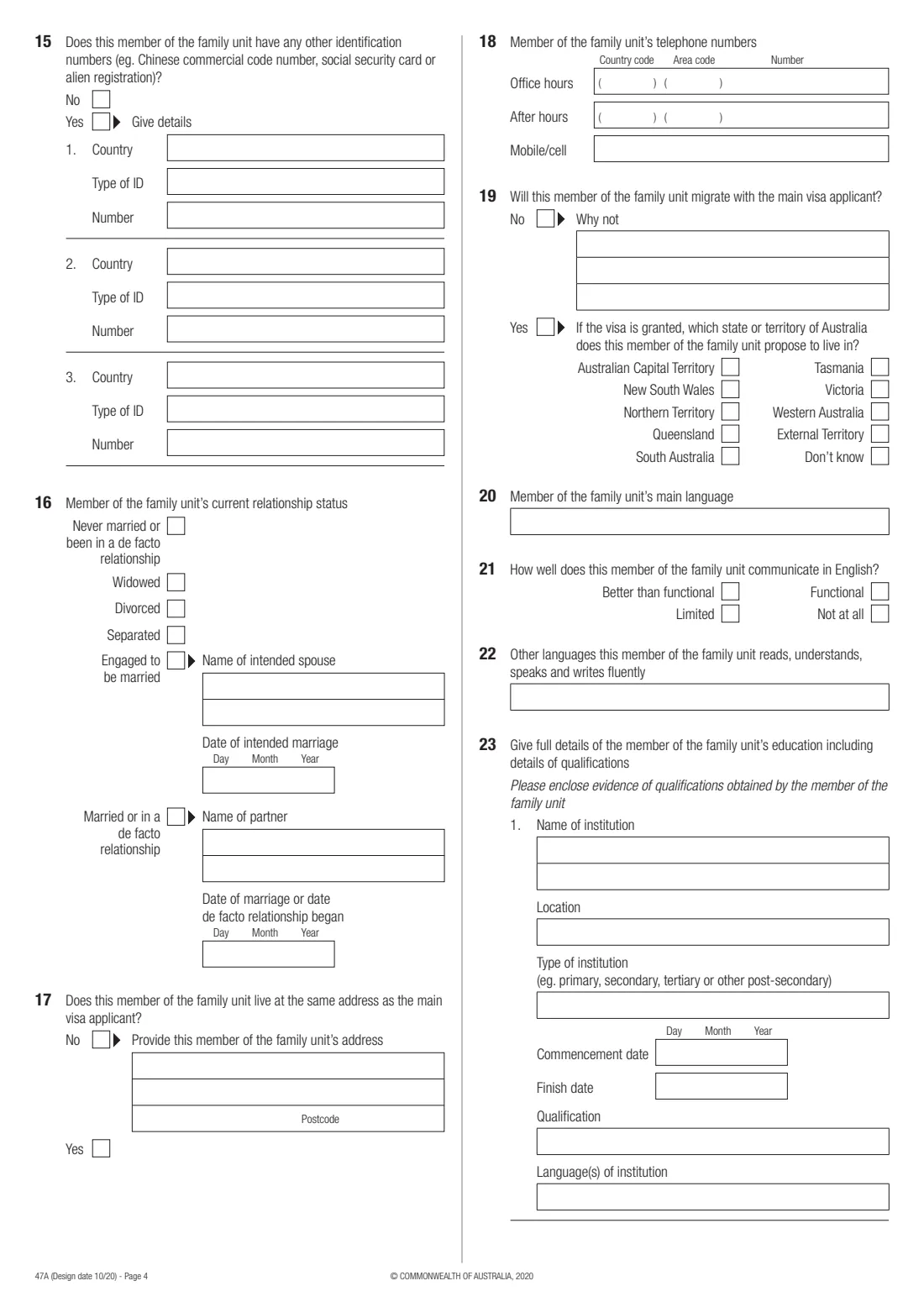 Form 47A — details of a family member aged 18 or over (2020) Details of child or other dependent family member aged 18 years or over — page 4 of 8