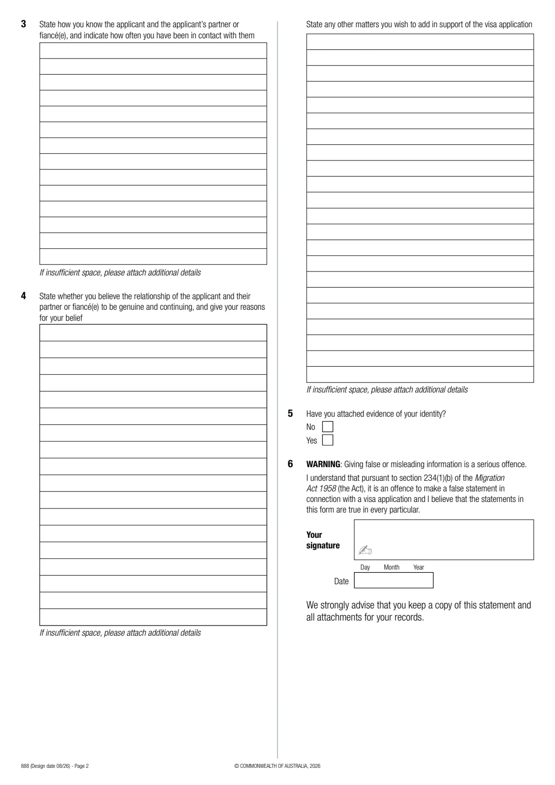 Form 888 — Partner visa supporting statement (2026) Supporting statement in relation to a Partner or Prospective Marriage visa application — page 2 of 2