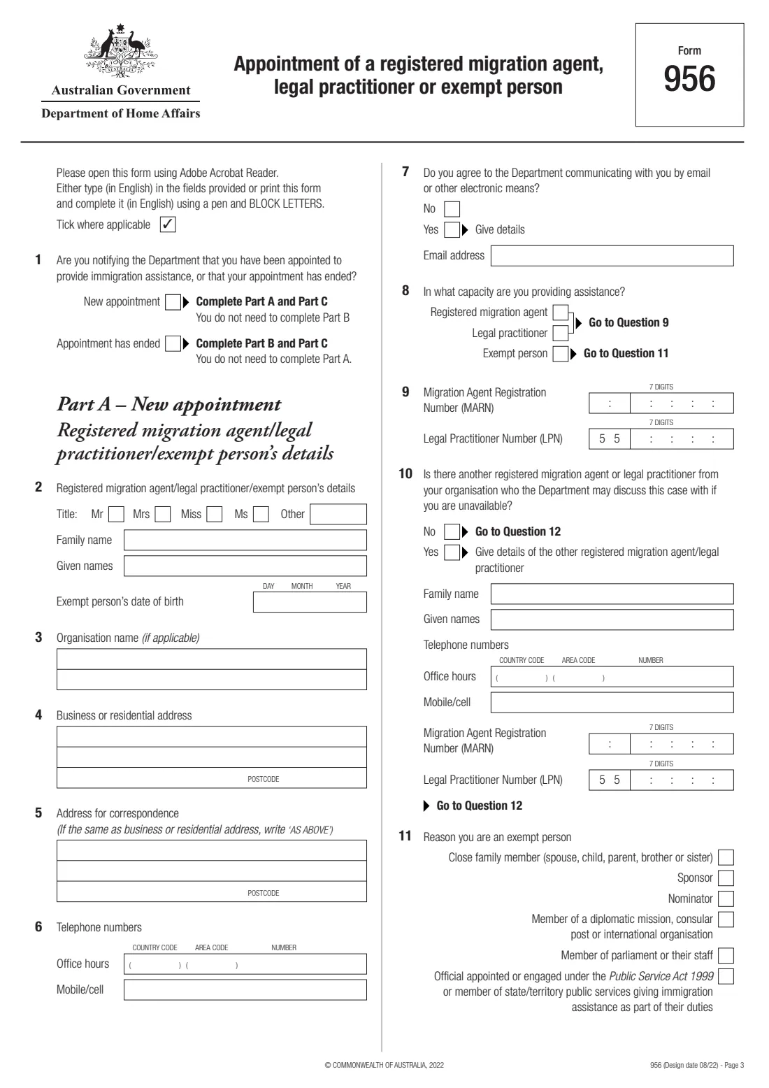 Form 956 — appoint a migration agent, lawyer or exempt person (2022) Appointment of a registered migration agent, legal practitioner or exempt person — page 3 of 6