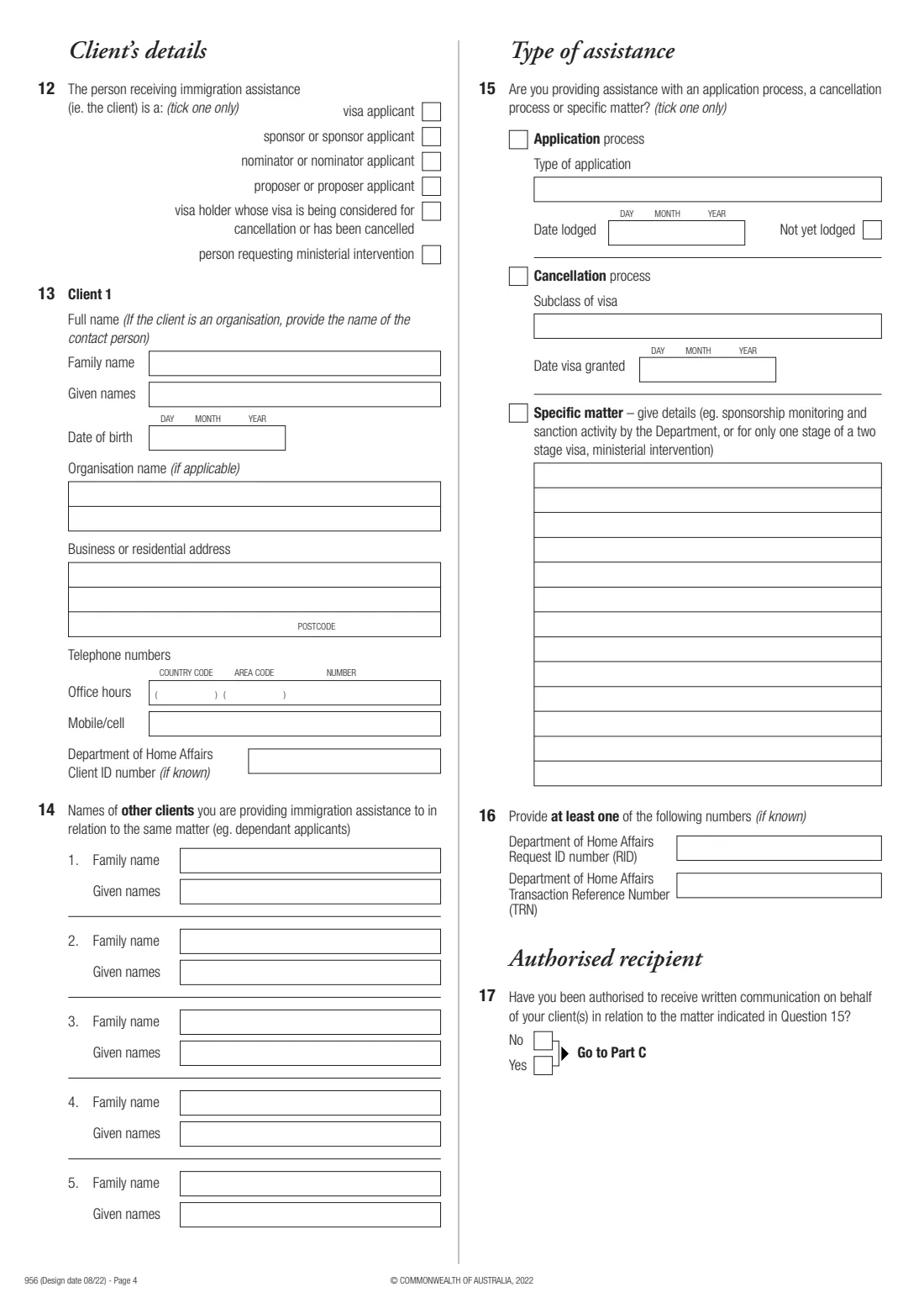 Form 956 — appoint a migration agent, lawyer or exempt person (2022) Appointment of a registered migration agent, legal practitioner or exempt person — page 4 of 6