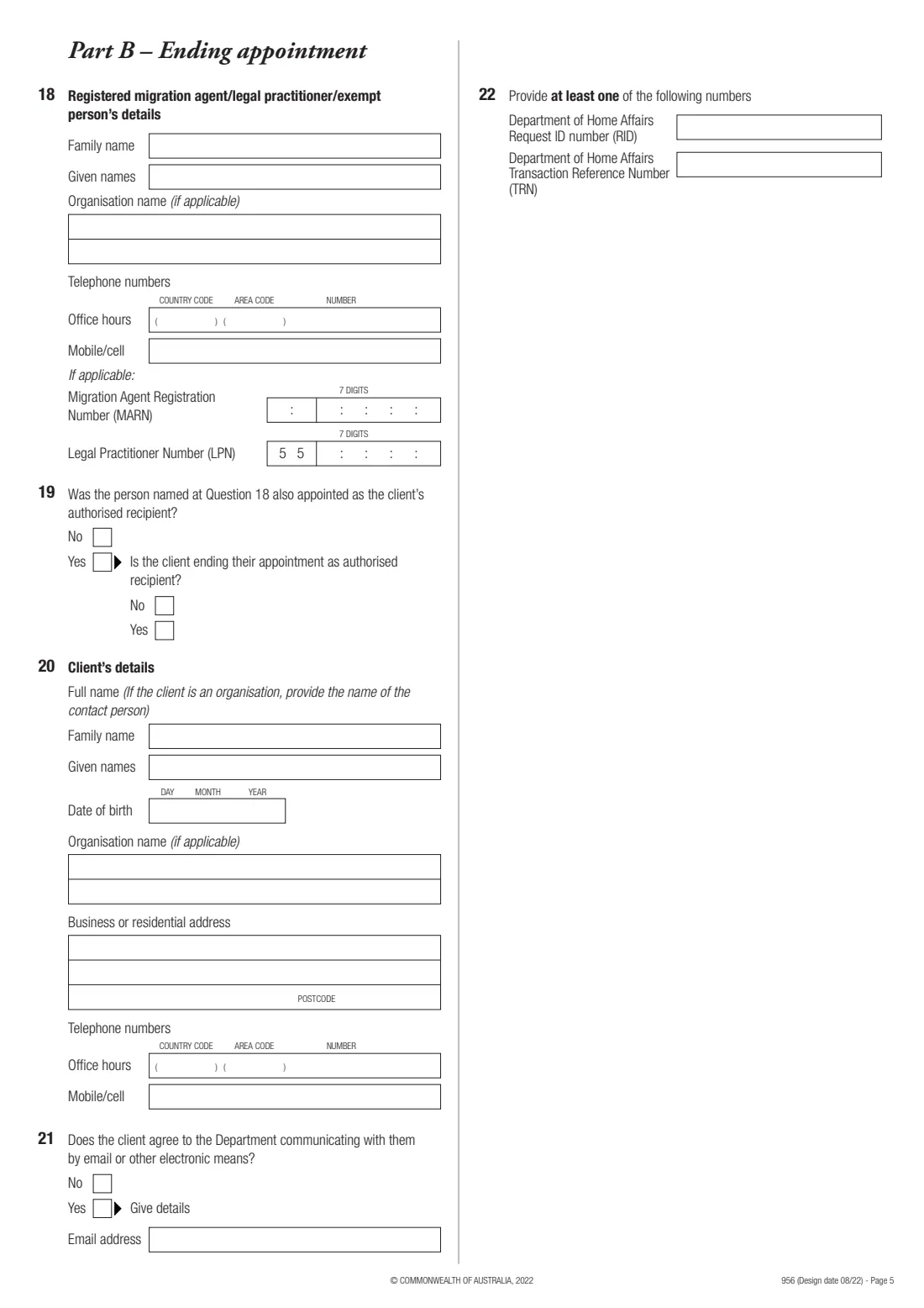 Form 956 — appoint a migration agent, lawyer or exempt person (2022) Appointment of a registered migration agent, legal practitioner or exempt person — page 5 of 6