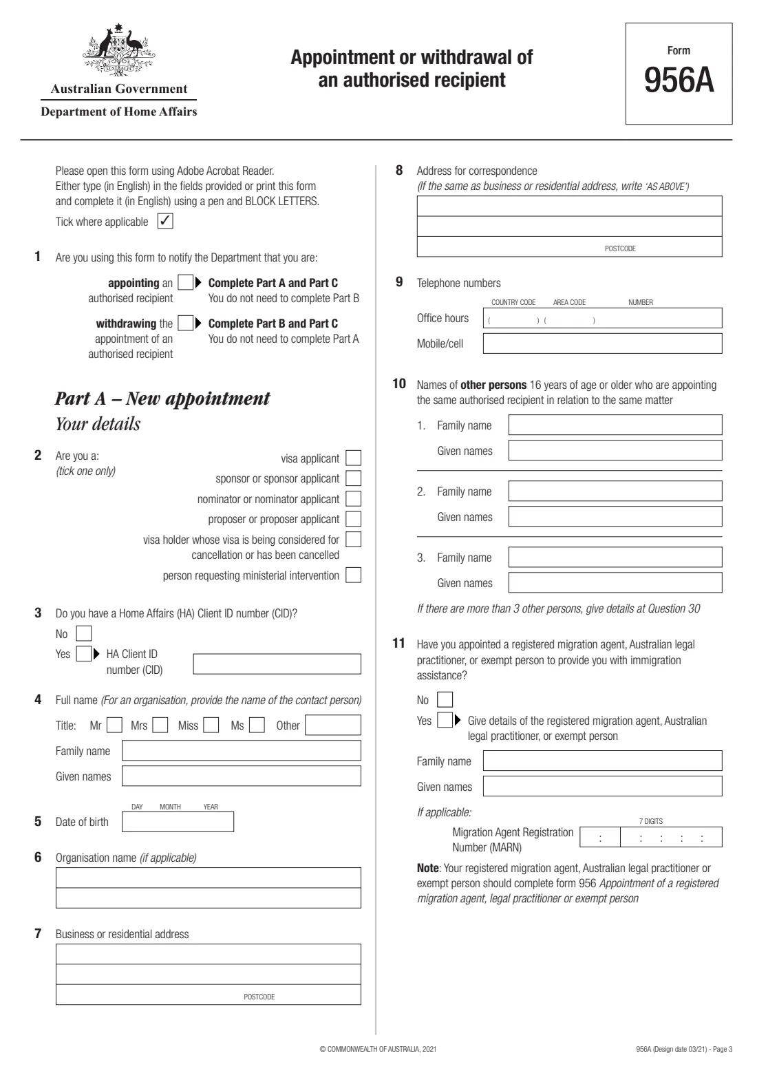 Appoint or withdraw an authorised recipient (Form 956A) (2021) Appointment or withdrawal of an authorised recipient — page 3 of 7