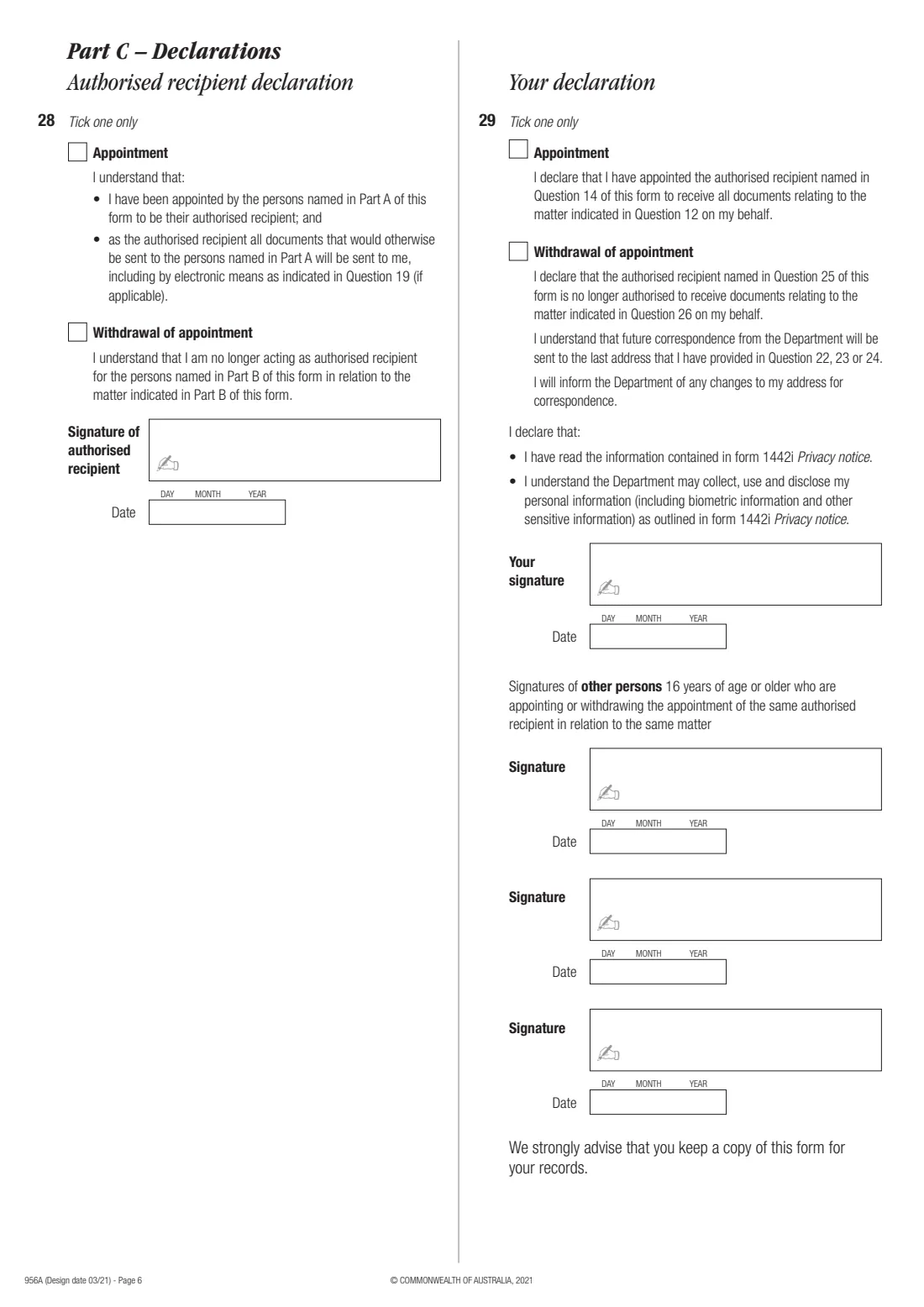 Appoint or withdraw an authorised recipient (Form 956A) (2021) Appointment or withdrawal of an authorised recipient — page 6 of 7