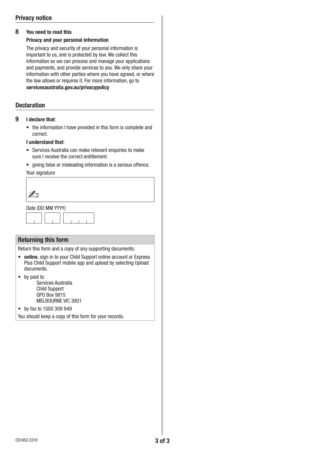 Stop child support deductions from wages (CS1652) (2023) Application to stop deductions from salary or wages — page 3 of 3