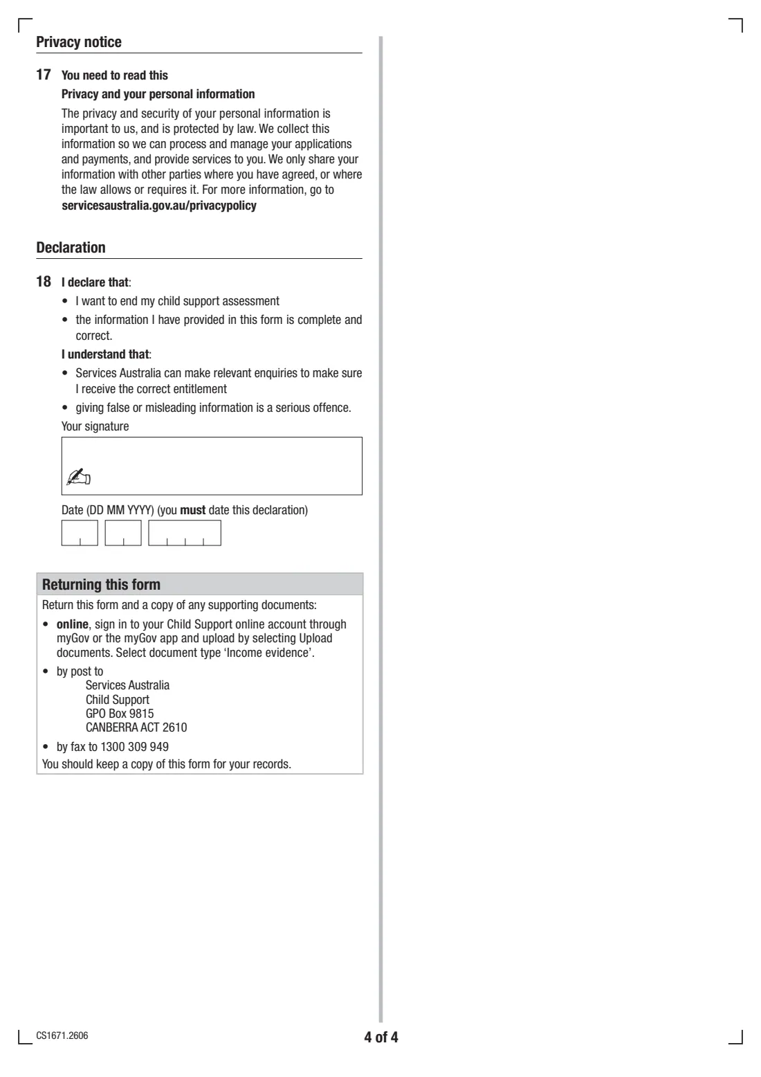 End a child support assessment (CS1671) (2026) Ending a child support assessment — page 4 of 4