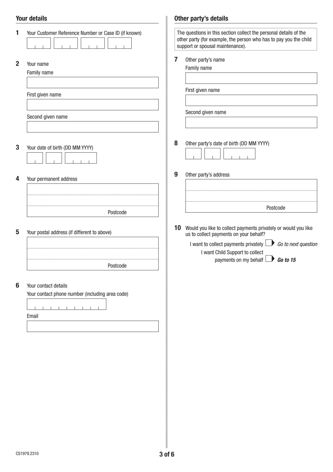 Change child support collection method (CS1979) (2023) Request to change payment collection method (Child Support) — page 3 of 6