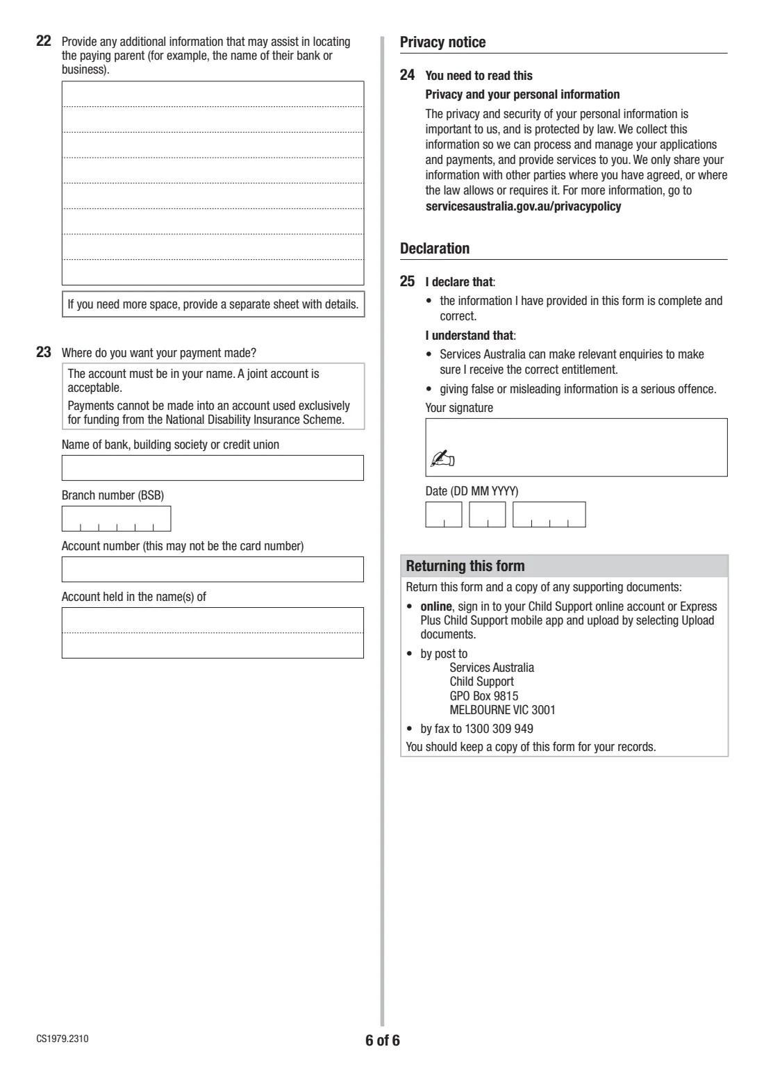 Change child support collection method (CS1979) (2023) Request to change payment collection method (Child Support) — page 6 of 6