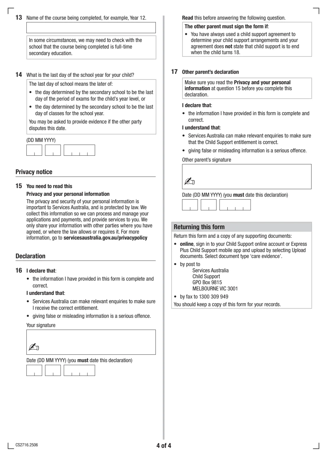 Extend child support past 18 for school (CS2716) (2025) Child older than 18 in full-time secondary education — page 4 of 4