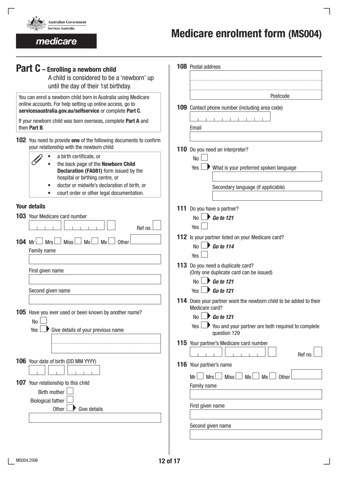 Medicare enrolment form (MS004) (2025) Medicare enrolment form — page 12 of 17