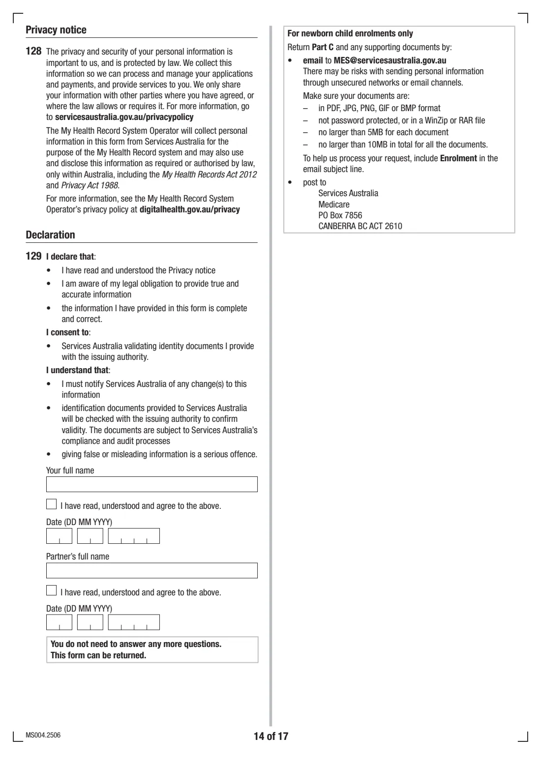 Medicare enrolment form (MS004) (2025) Medicare enrolment form — page 14 of 17