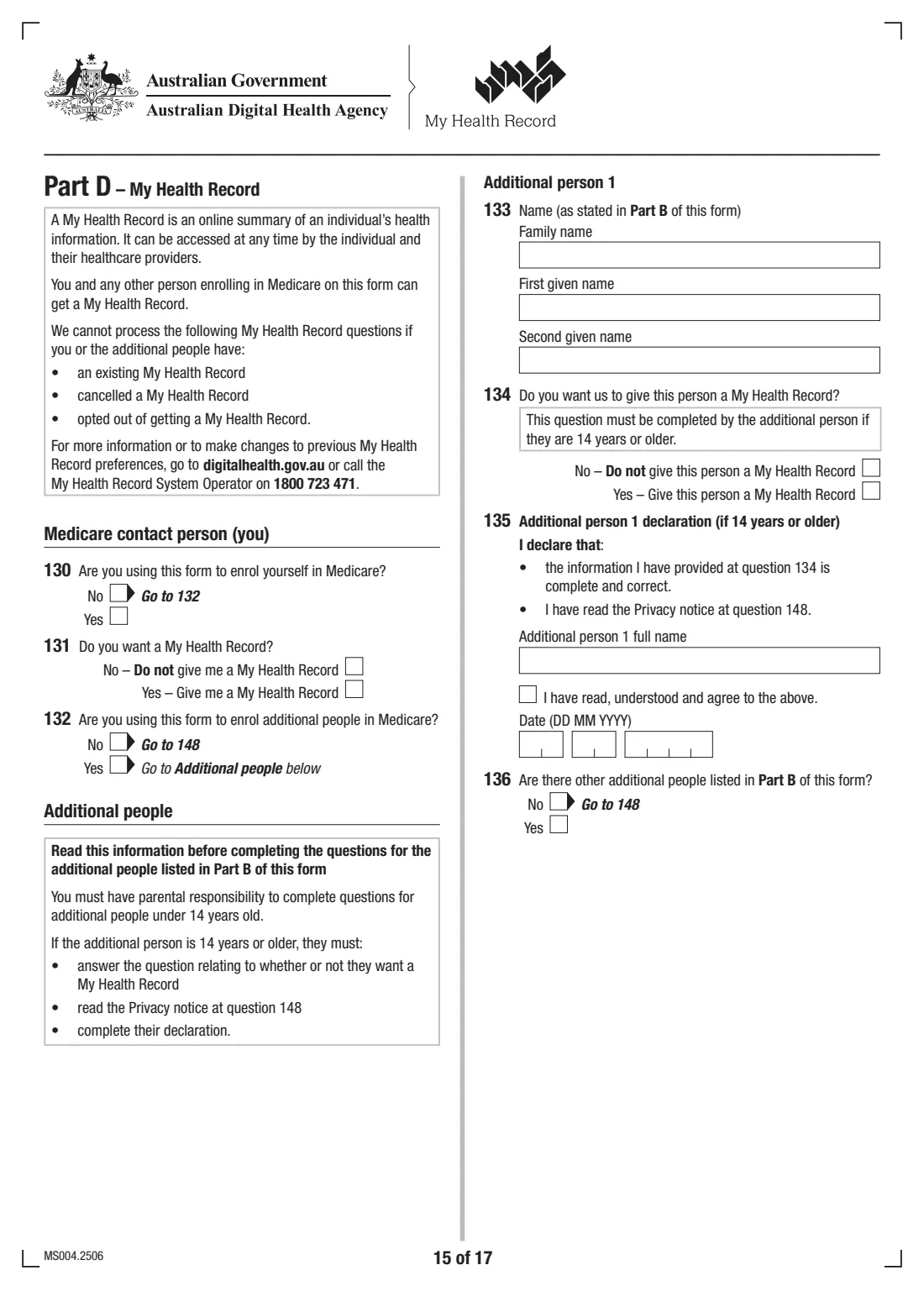 Medicare enrolment form (MS004) (2025) Medicare enrolment form — page 15 of 17