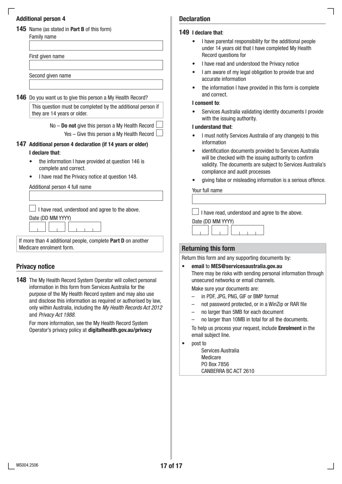 Medicare enrolment form (MS004) (2025) Medicare enrolment form — page 17 of 17