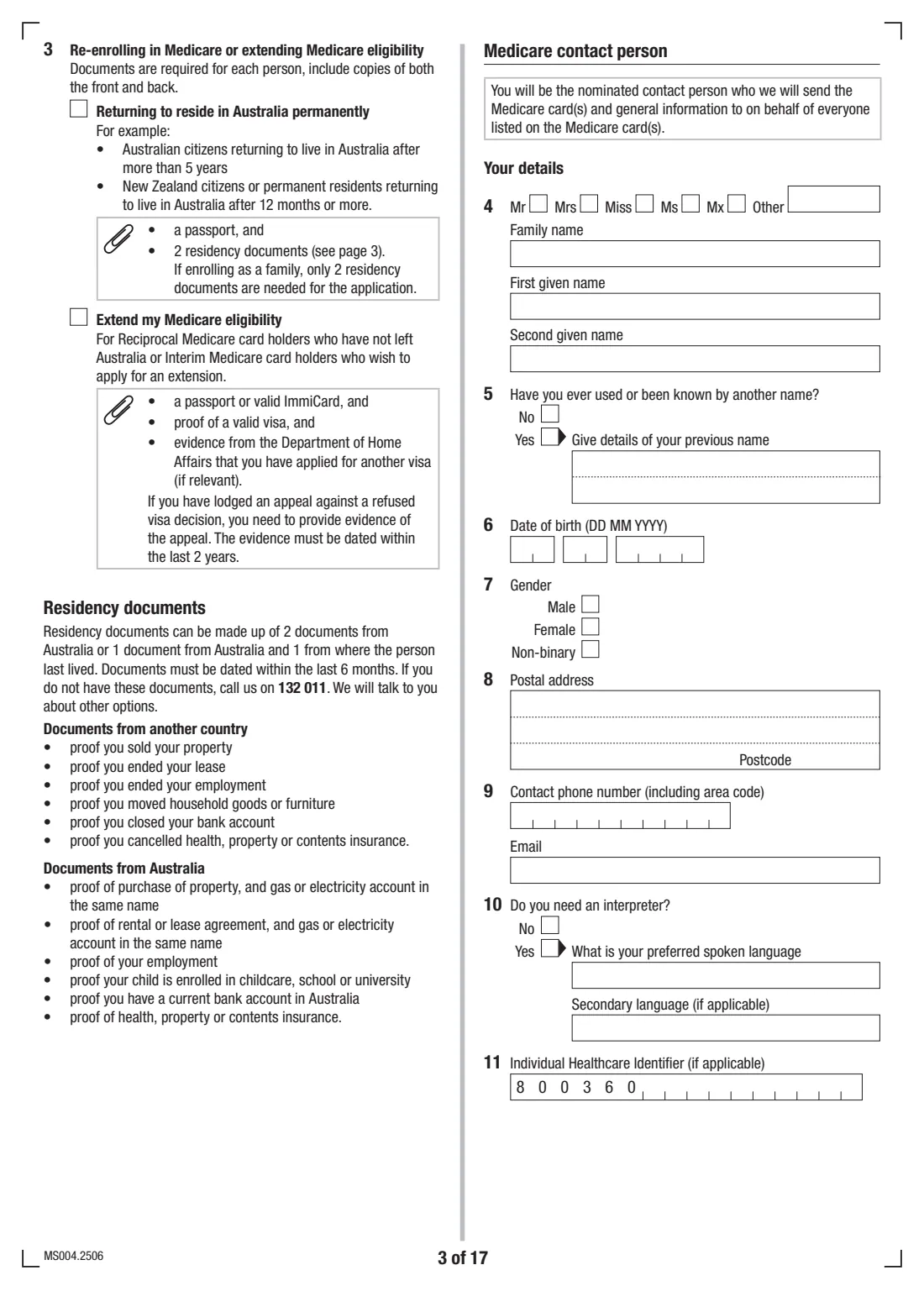 Medicare enrolment form (MS004) (2025) Medicare enrolment form — page 3 of 17