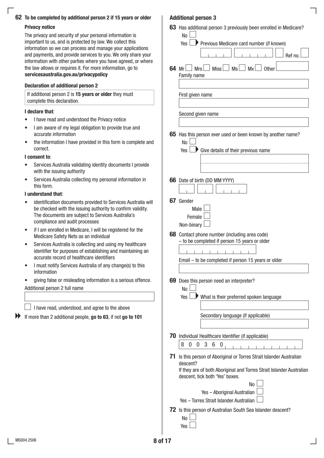 Medicare enrolment form (MS004) (2025) Medicare enrolment form — page 8 of 17