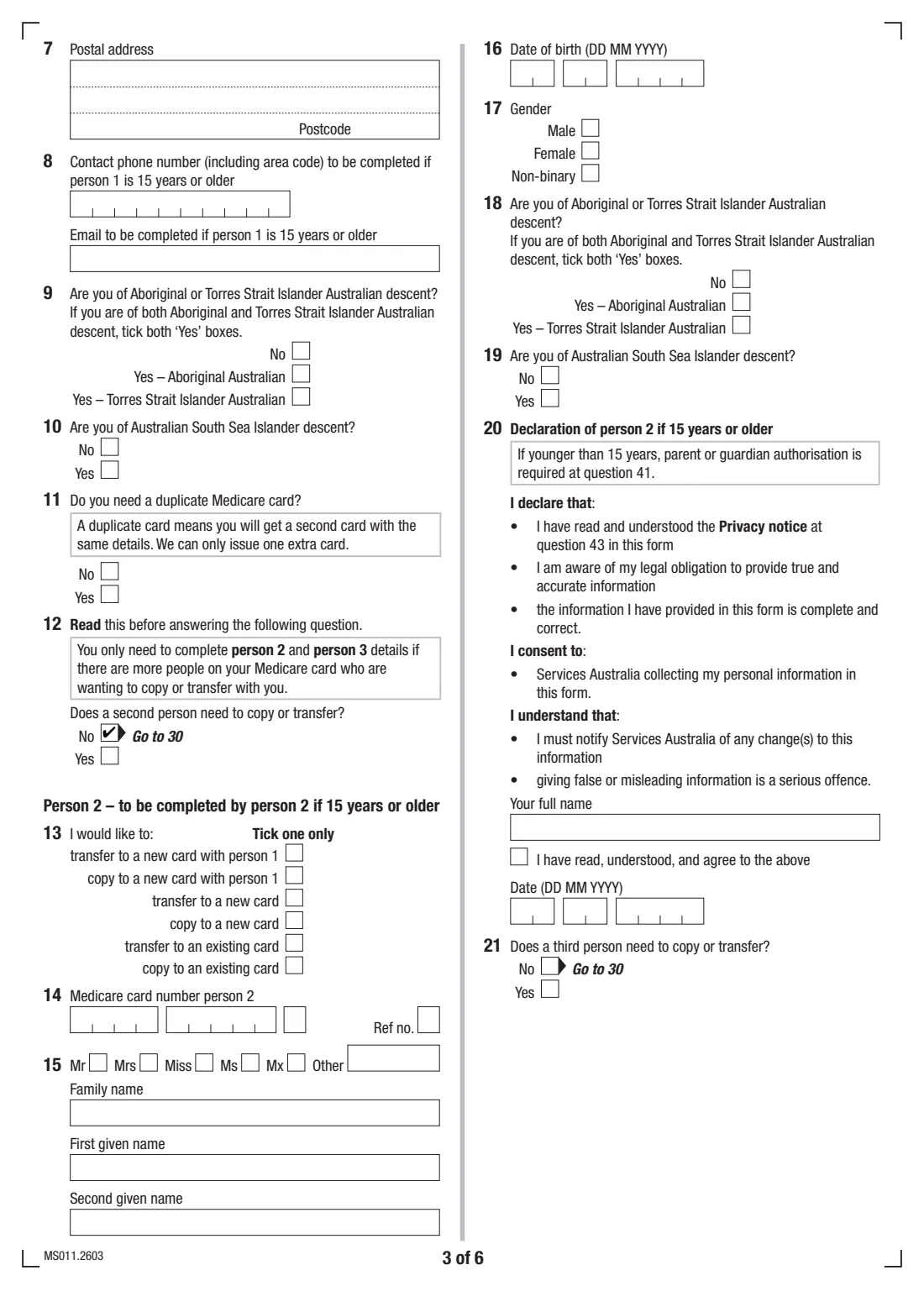 Copy or transfer to another Medicare card (MS011) (2026) Application to copy or transfer from one Medicare card to another — page 3 of 6