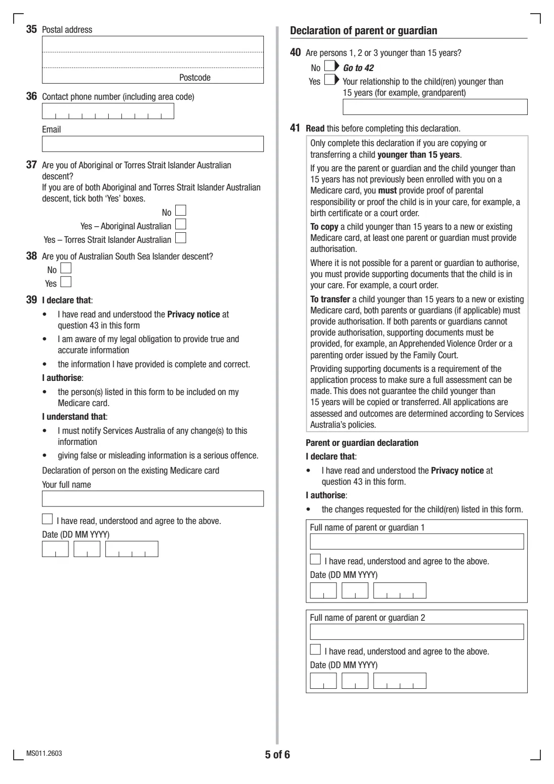 Copy or transfer to another Medicare card (MS011) (2026) Application to copy or transfer from one Medicare card to another — page 5 of 6