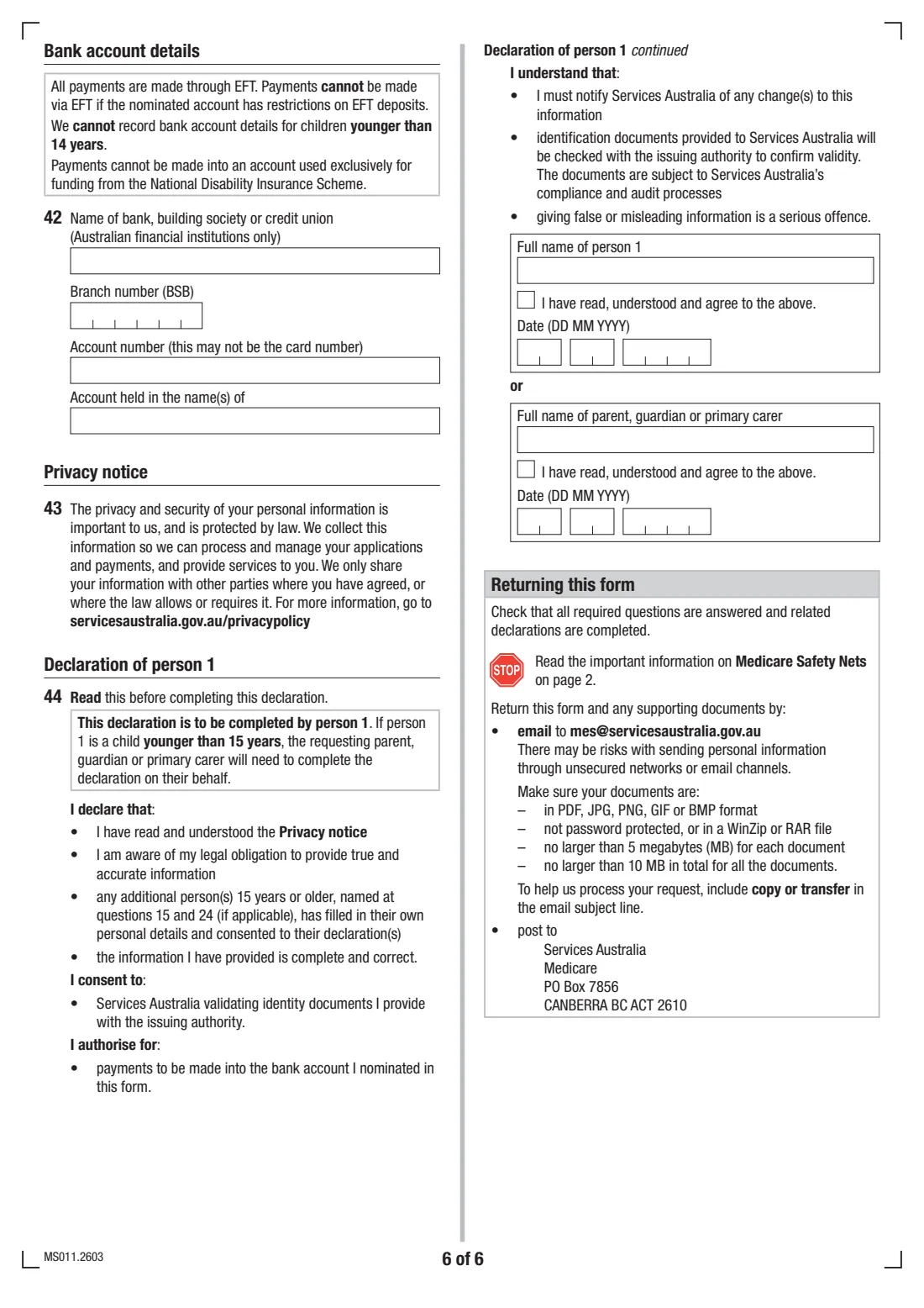Copy or transfer to another Medicare card (MS011) (2026) Application to copy or transfer from one Medicare card to another — page 6 of 6