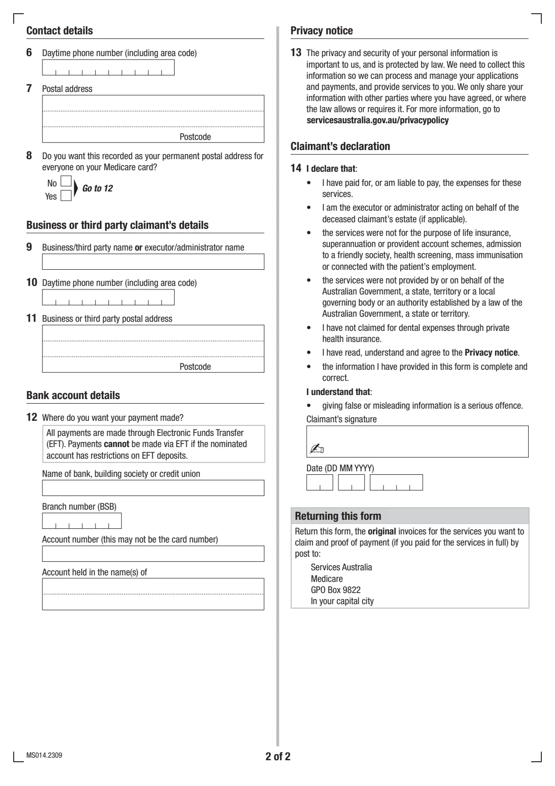 Medicare claim (MS014) (2023) Medicare claim — page 2 of 2