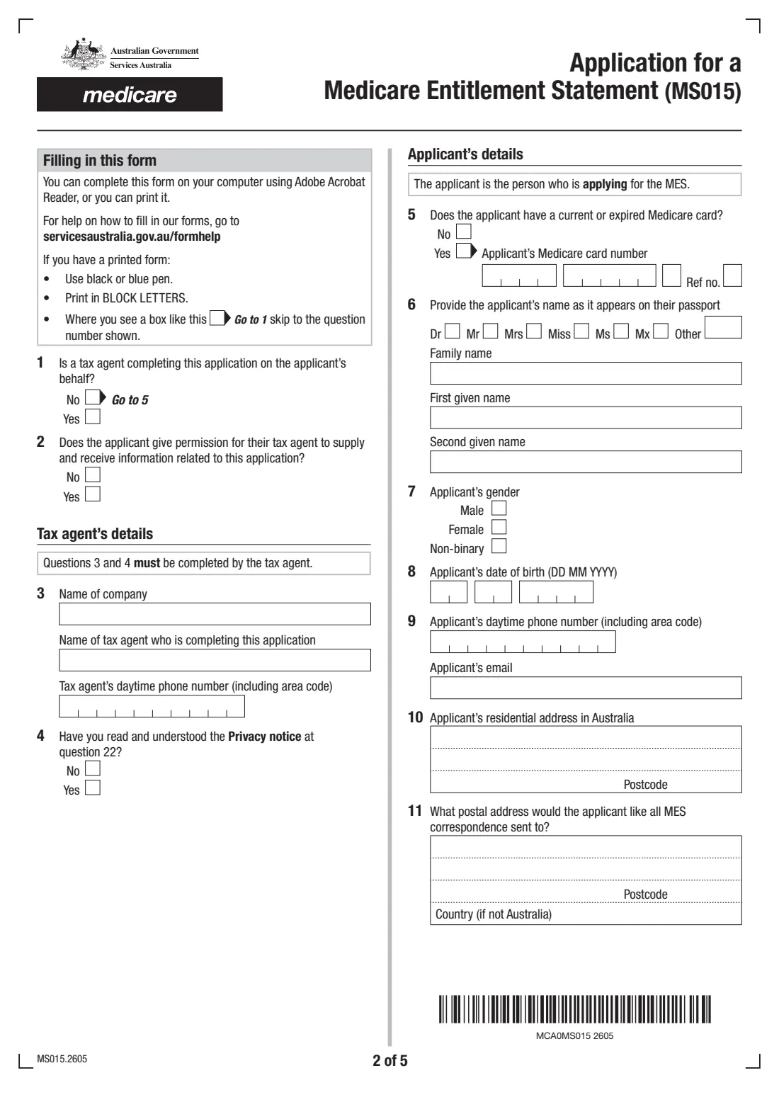 Medicare Entitlement Statement application (MS015) (2026) Application for a Medicare Entitlement Statement — page 2 of 5