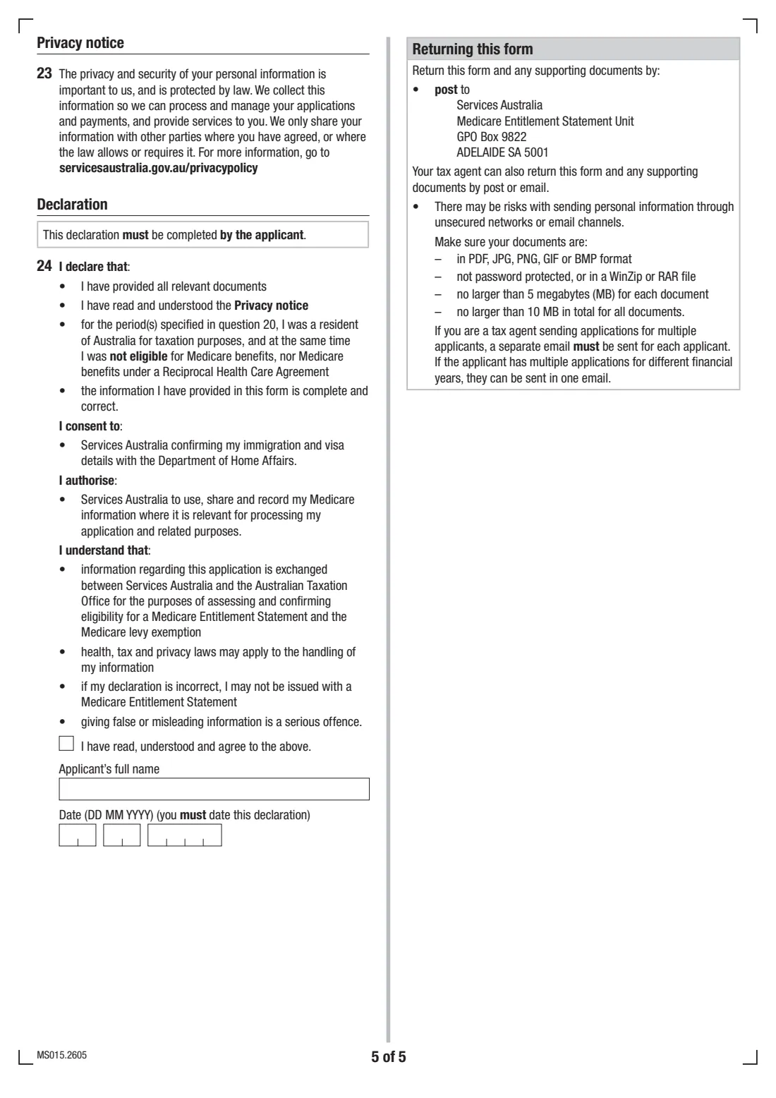 Medicare Entitlement Statement application (MS015) (2026) Application for a Medicare Entitlement Statement — page 5 of 5
