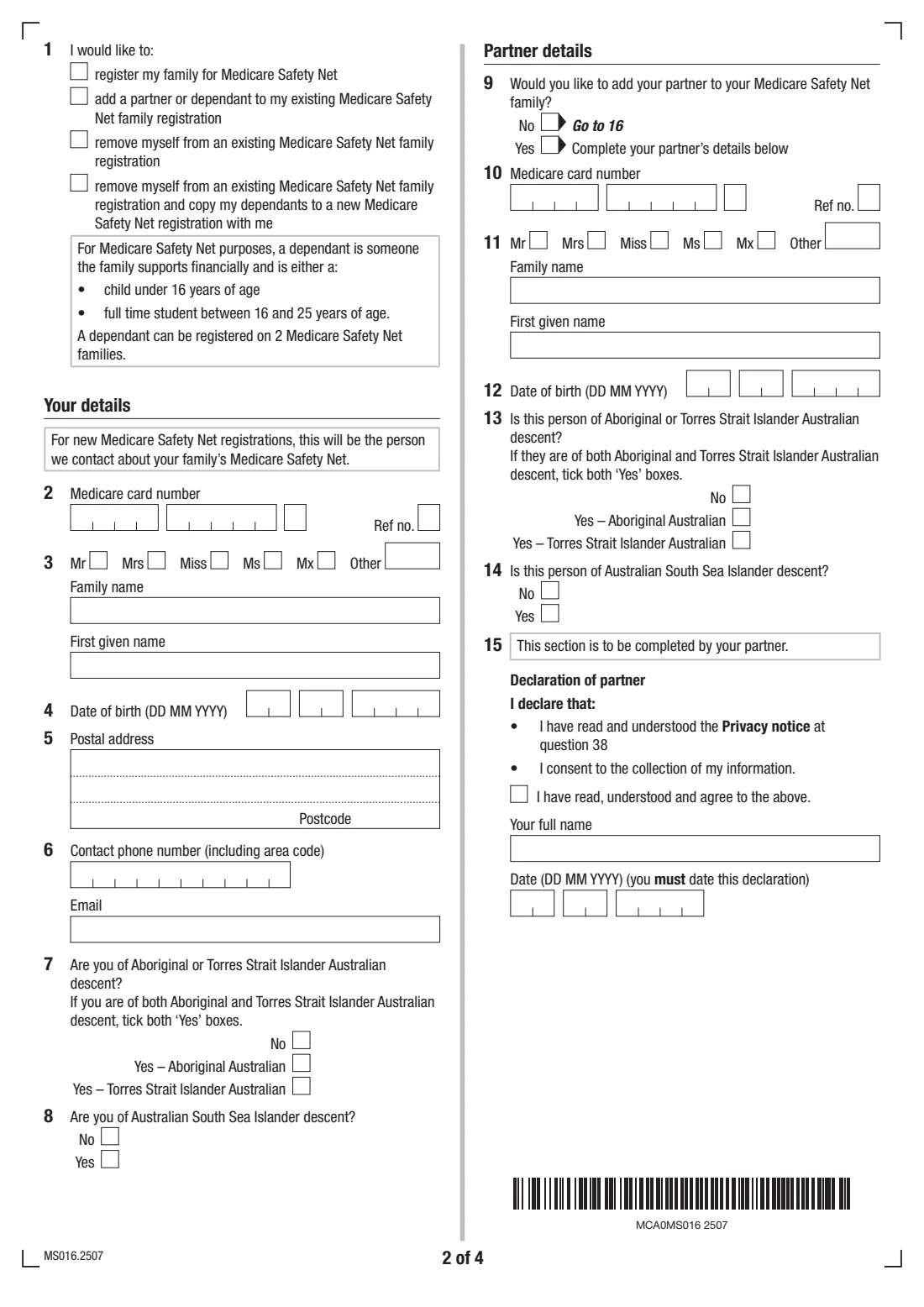 Medicare Safety Net family registration (MS016) (2025) Medicare Safety Net registration and amendment for couples and families — page 2 of 4