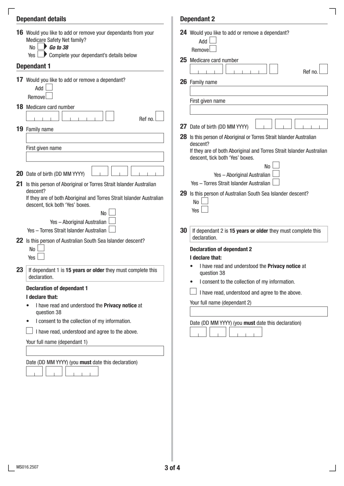 Medicare Safety Net family registration (MS016) (2025) Medicare Safety Net registration and amendment for couples and families — page 3 of 4