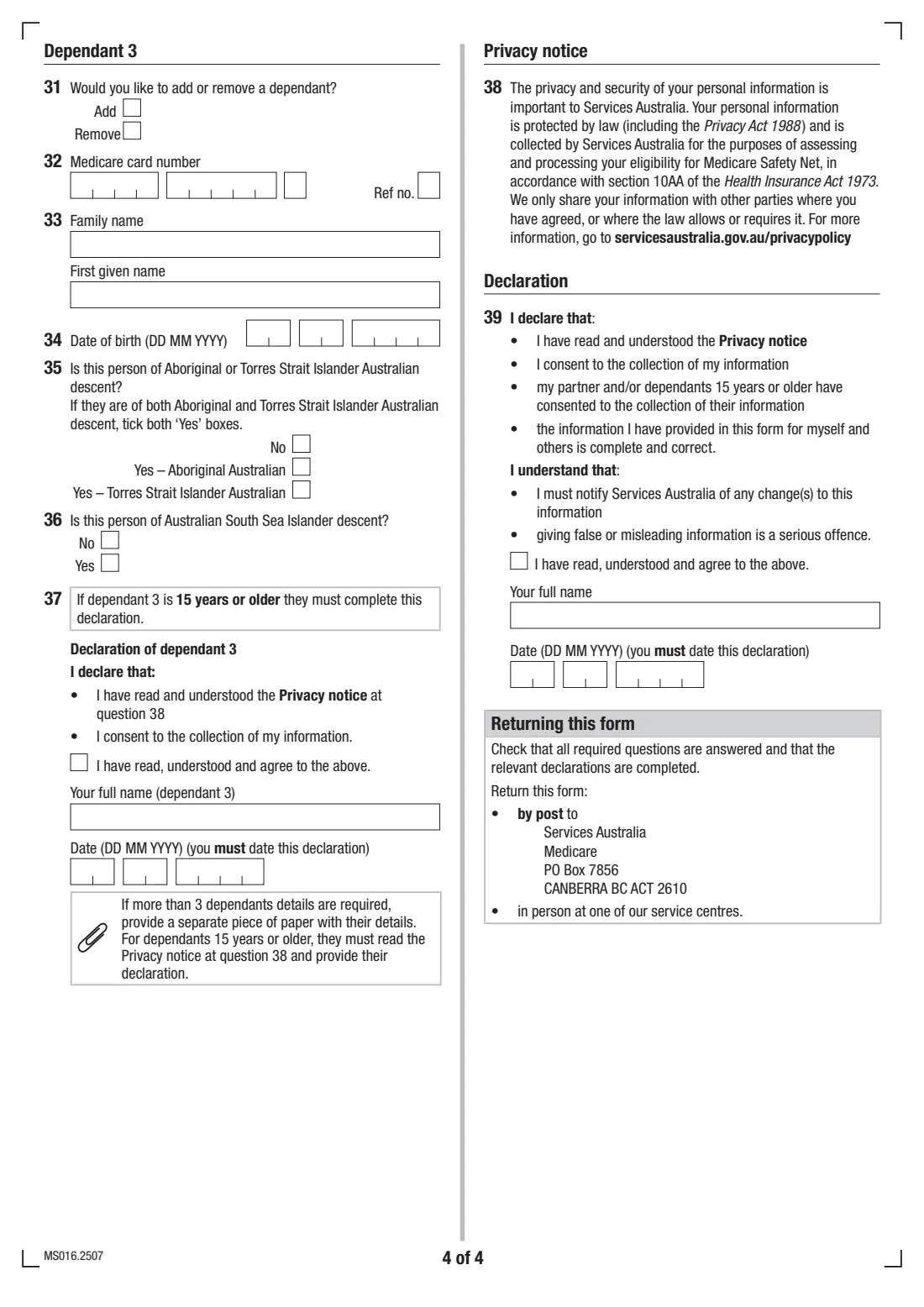 Medicare Safety Net family registration (MS016) (2025) Medicare Safety Net registration and amendment for couples and families — page 4 of 4