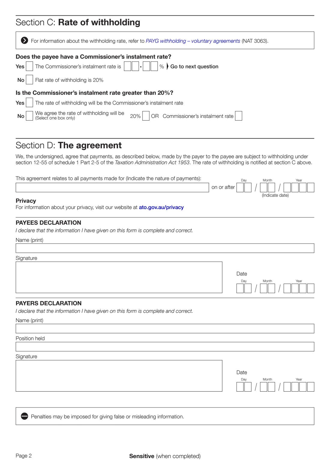 PAYG voluntary agreement (2014) Voluntary agreement for PAYG withholding — page 2 of 2