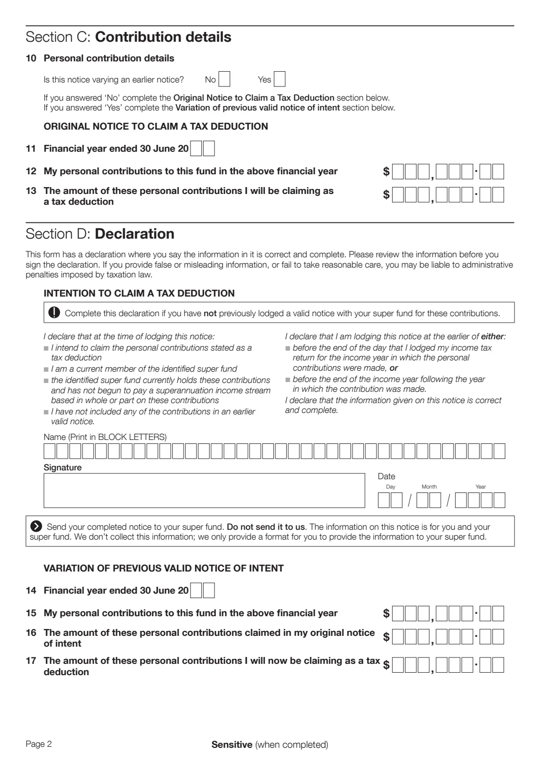 Notice of intent to claim a deduction for personal super contributions (NAT 71121) (2014) Notice of intent to claim or vary a deduction for personal super contributions — page 2 of 3
