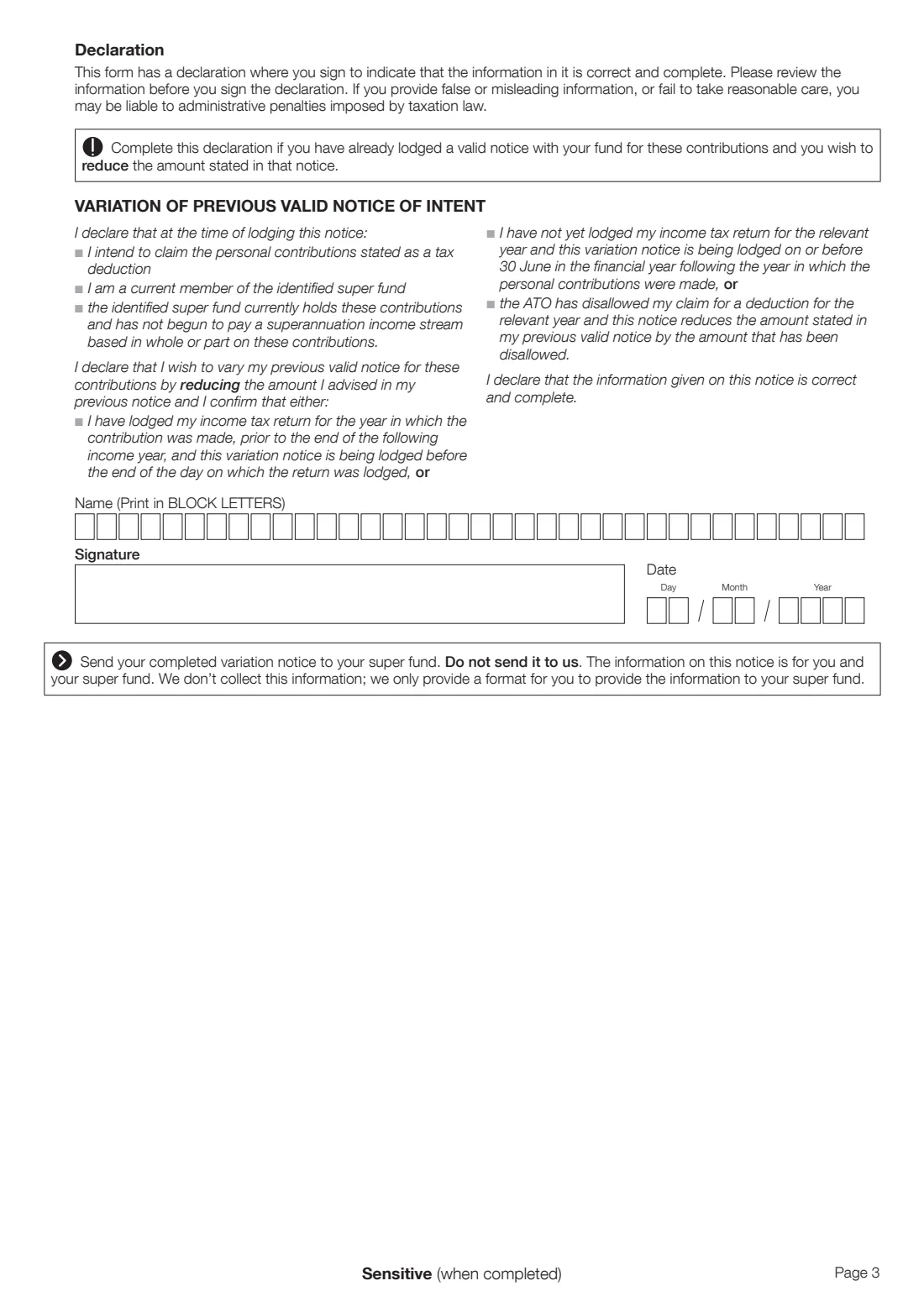 Notice of intent to claim a deduction for personal super contributions (NAT 71121) (2014) Notice of intent to claim or vary a deduction for personal super contributions — page 3 of 3