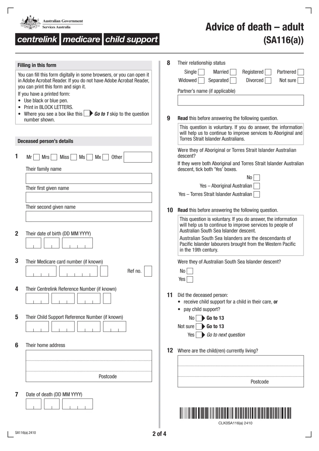 Advice of death — adult (SA116(a)) (2024) Advice of death — adult — page 2 of 4