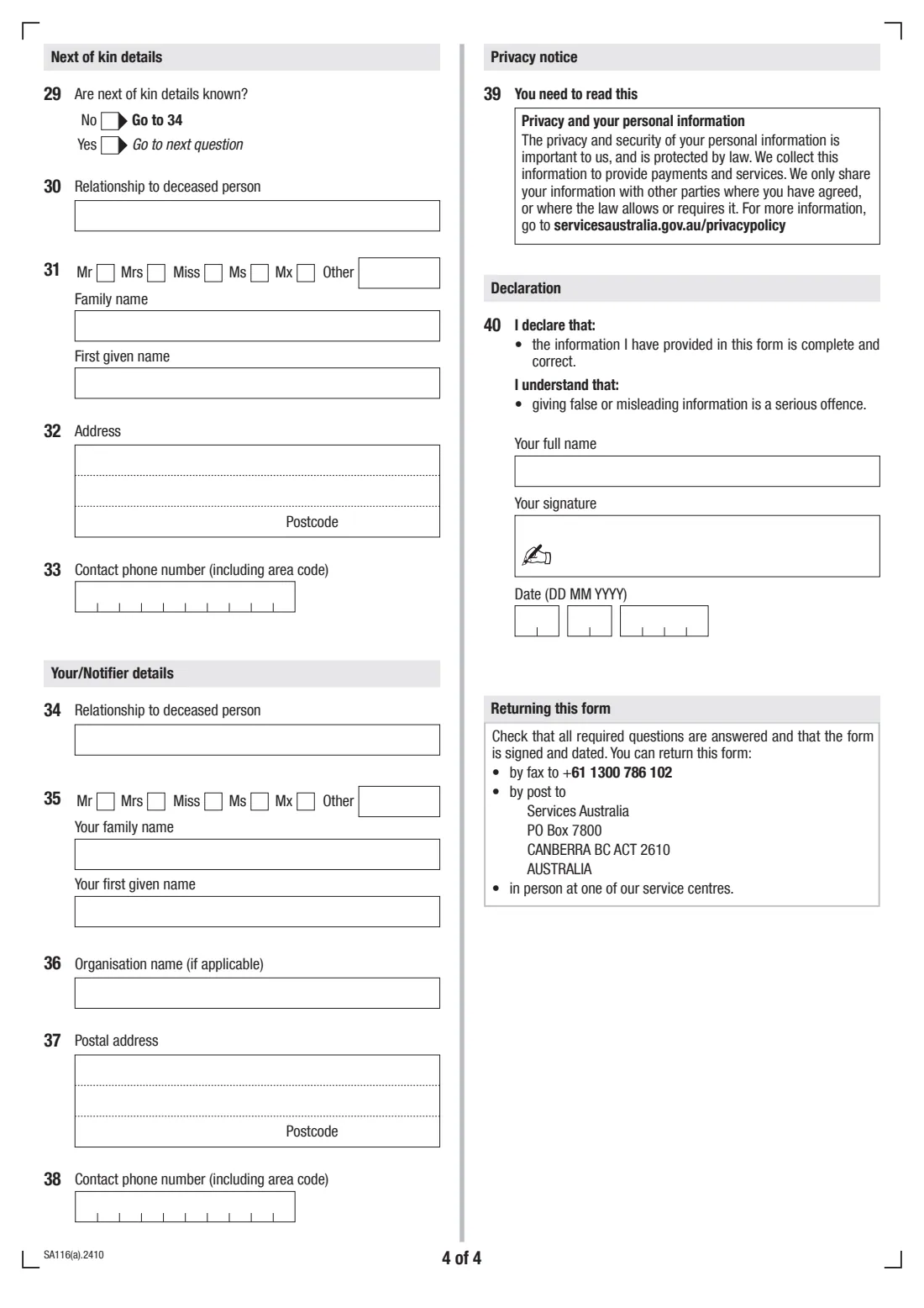 Advice of death — adult (SA116(a)) (2024) Advice of death — adult — page 4 of 4