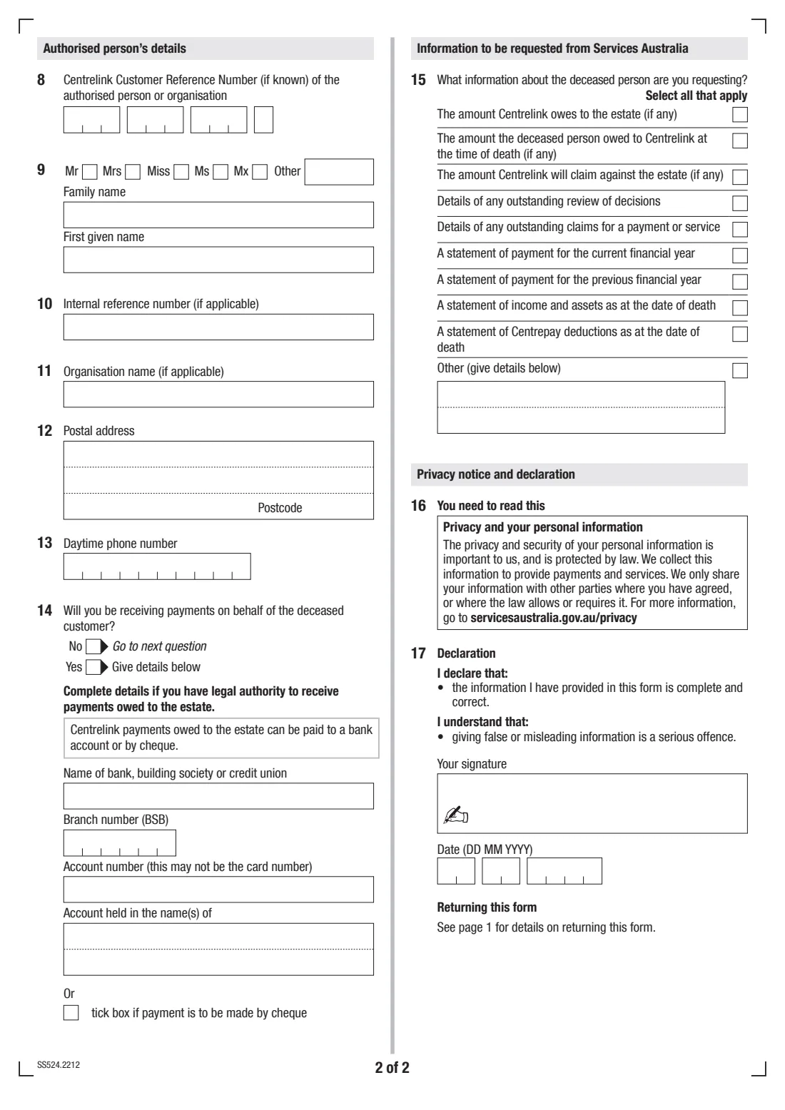 Executor/Administrator request for information (SS524) (2022) Executor/Administrator request for information — page 2 of 2