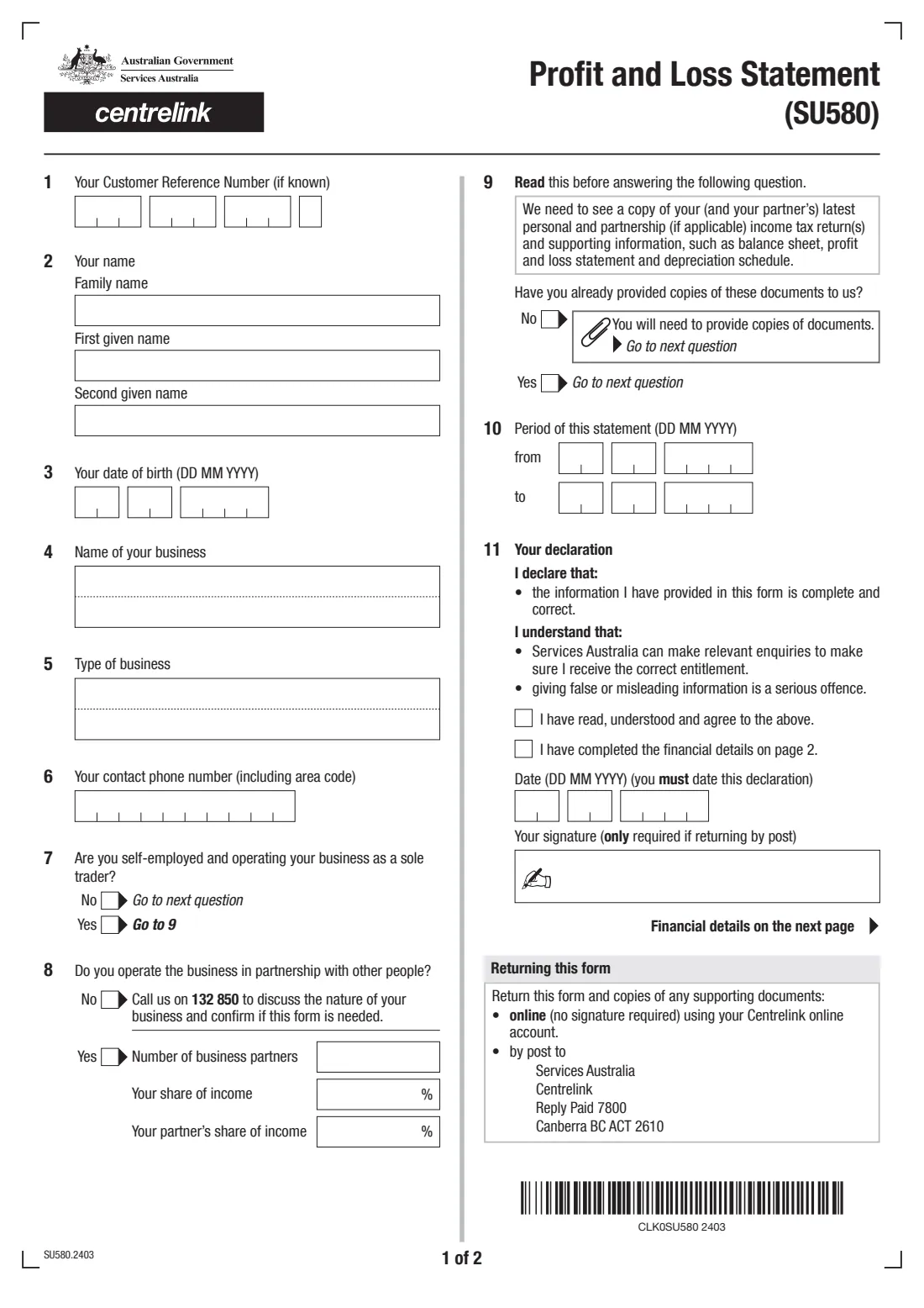 Profit and Loss Statement (SU580) (2024) Profit and Loss Statement — page 2 of 3