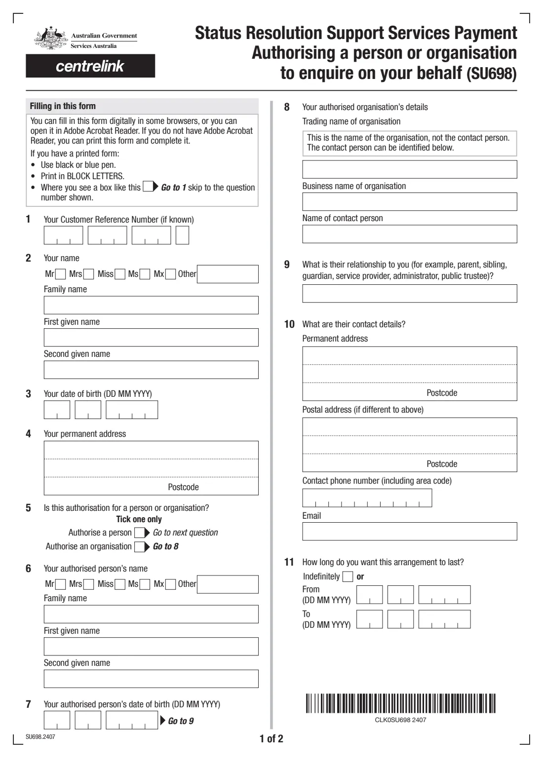 SRSS person permitted to enquire (SU698) (2024) Status Resolution Support Services Payment — Authorising a person or organisation to enquire on your behalf — page 3 of 4