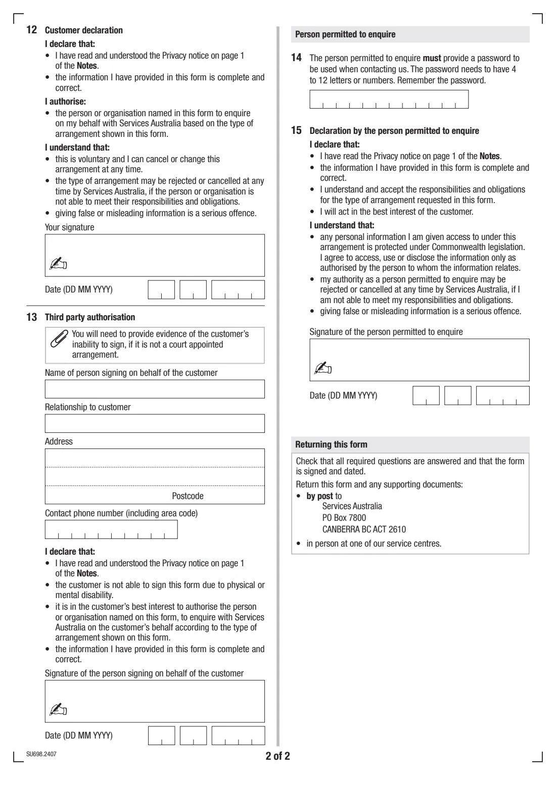 SRSS person permitted to enquire (SU698) (2024) Status Resolution Support Services Payment — Authorising a person or organisation to enquire on your behalf — page 4 of 4